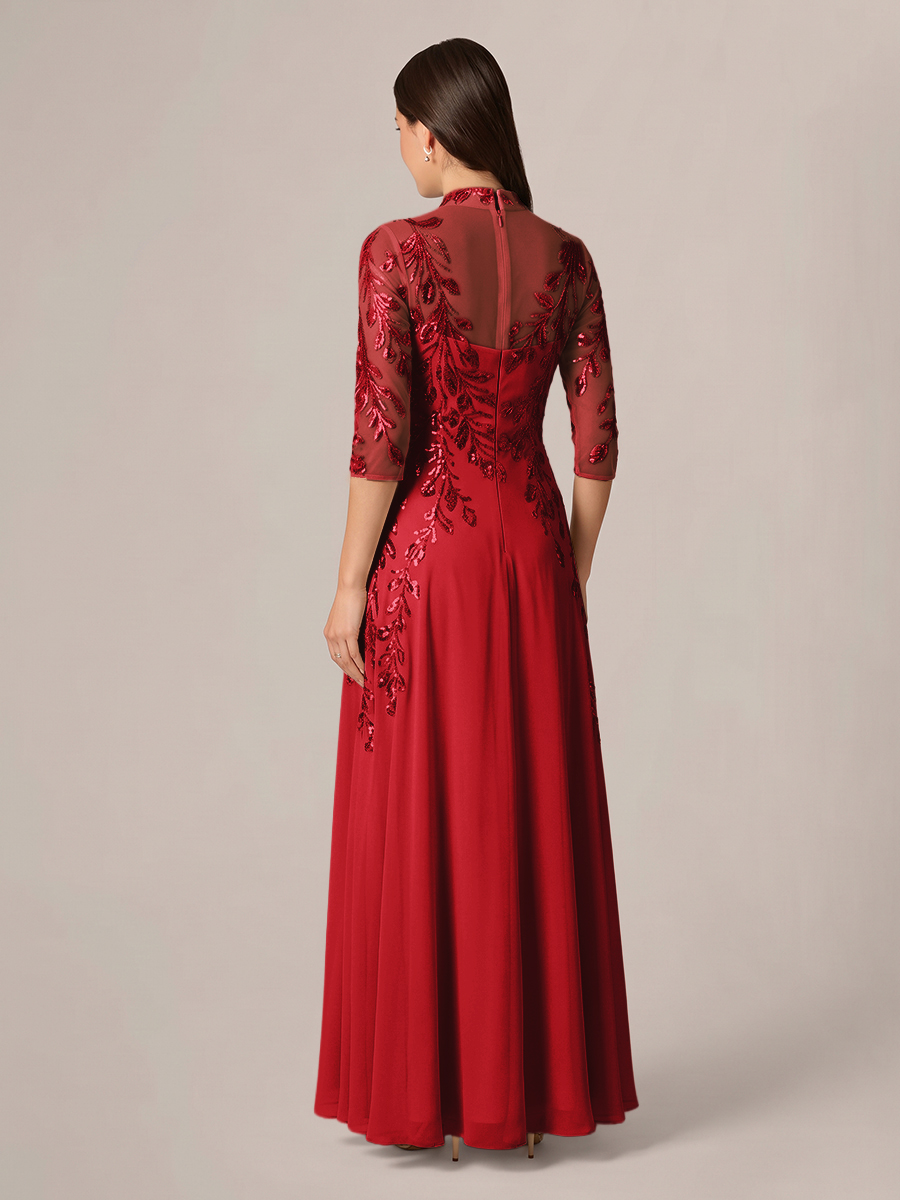 A-line High Neck 3/4 Sleeves Appliques Lace Floor-Length Chiffon Corset Mother of the Bride Dress