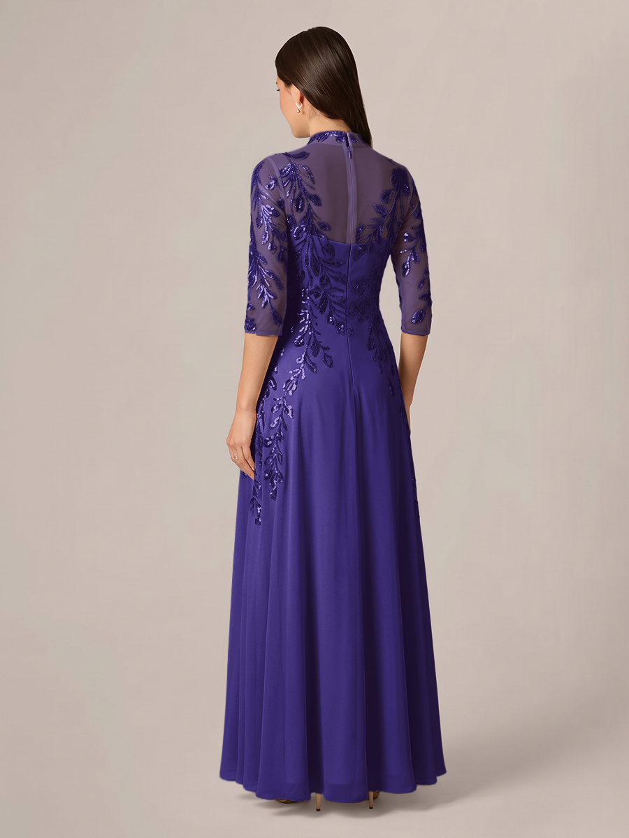 A-line High Neck 3/4 Sleeves Appliques Lace Floor-Length Chiffon Corset Mother of the Bride Dress
