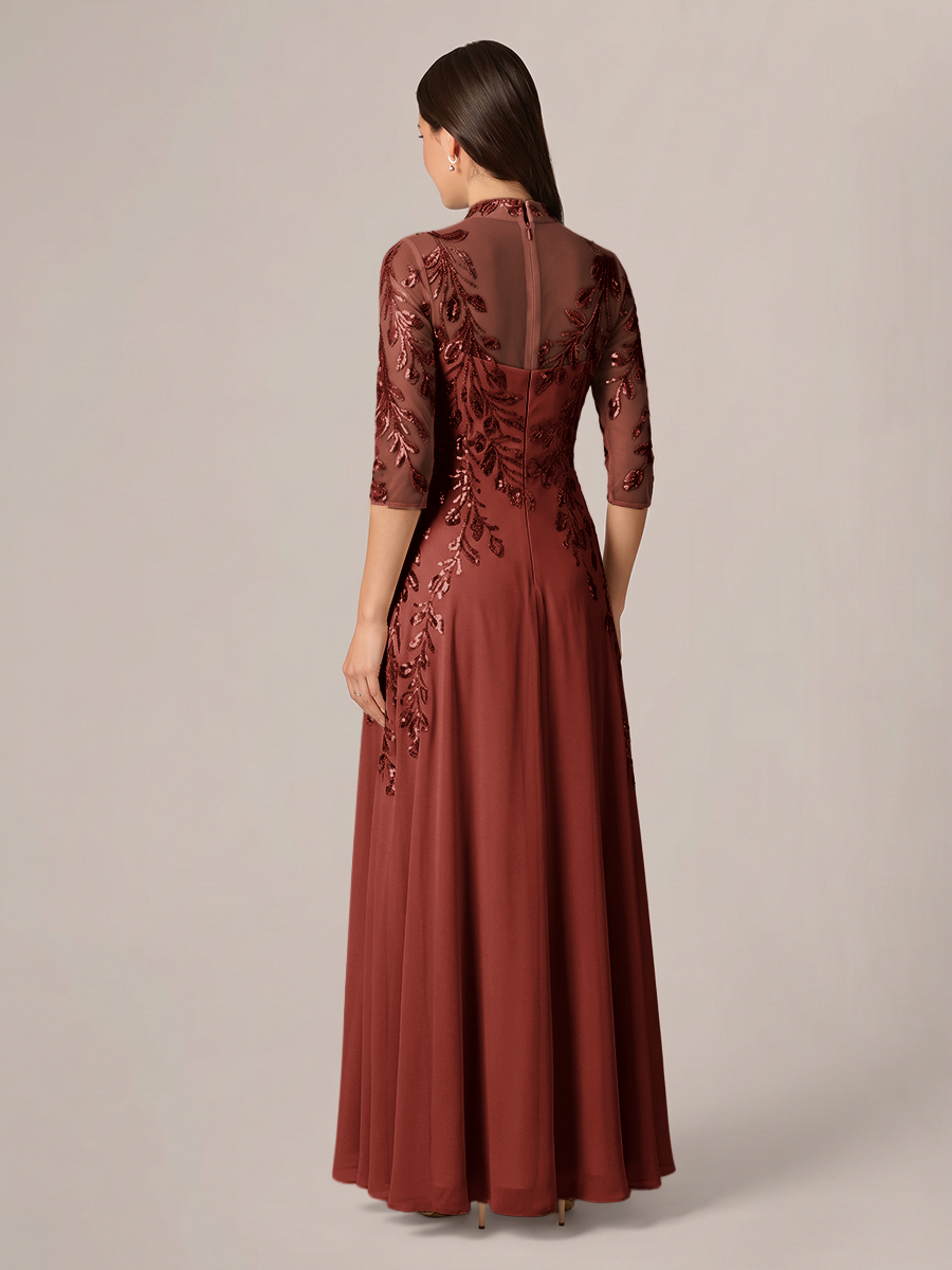 A-line High Neck 3/4 Sleeves Appliques Lace Floor-Length Chiffon Corset Mother of the Bride Dress