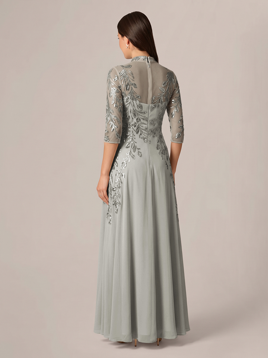 A-line High Neck 3/4 Sleeves Appliques Lace Floor-Length Chiffon Corset Mother of the Bride Dress