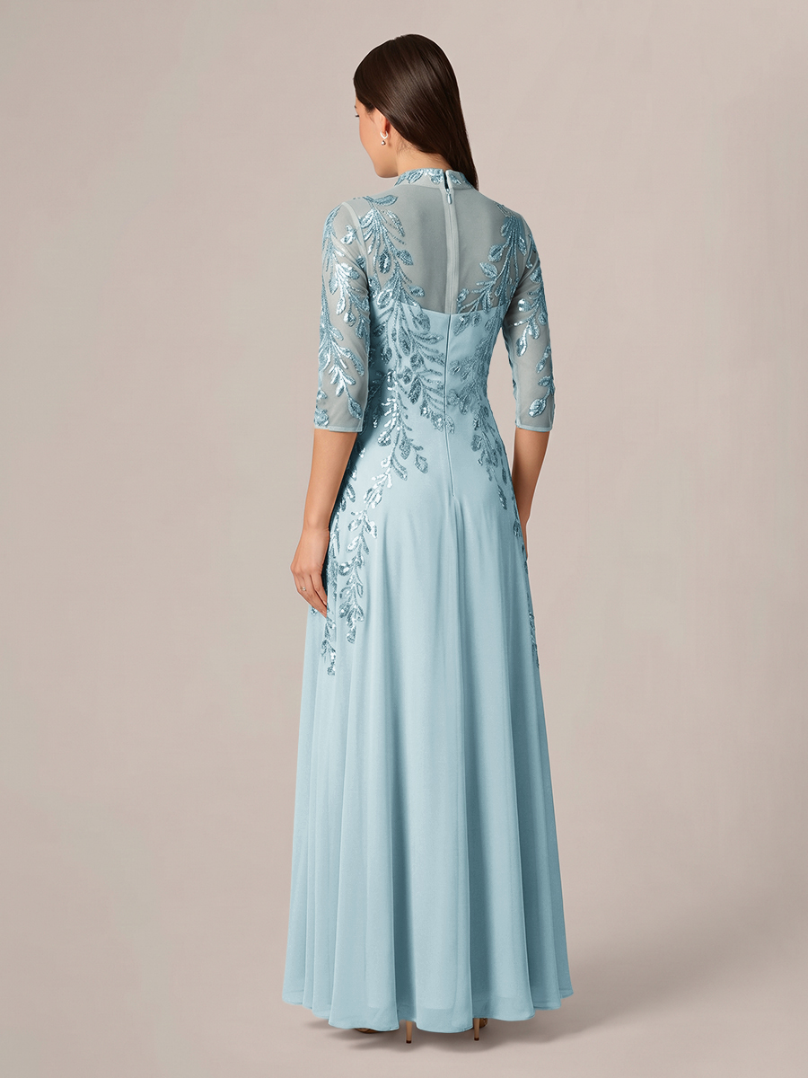 A-line High Neck 3/4 Sleeves Appliques Lace Floor-Length Chiffon Corset Mother of the Bride Dress