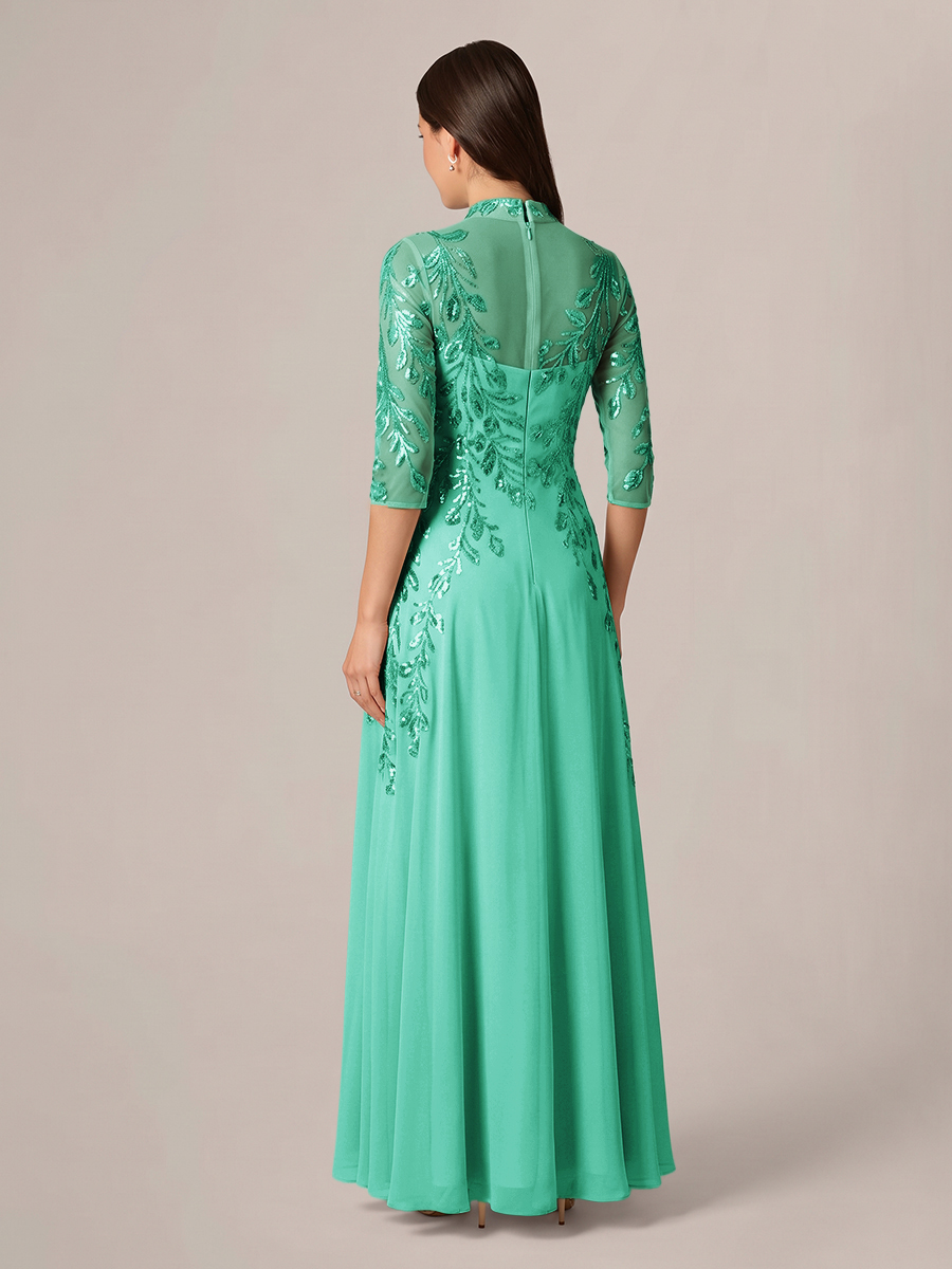 A-line High Neck 3/4 Sleeves Appliques Lace Floor-Length Chiffon Corset Mother of the Bride Dress