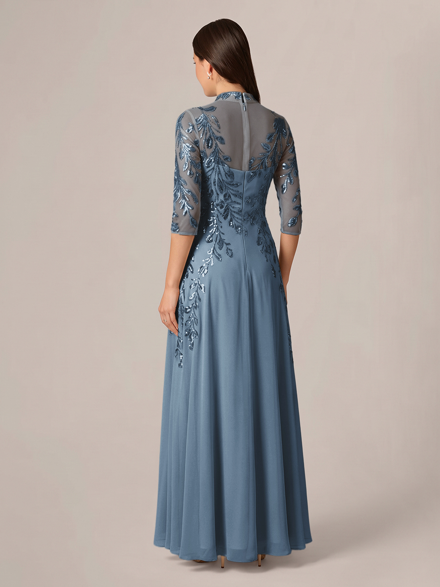 A-line High Neck 3/4 Sleeves Appliques Lace Floor-Length Chiffon Corset Mother of the Bride Dress
