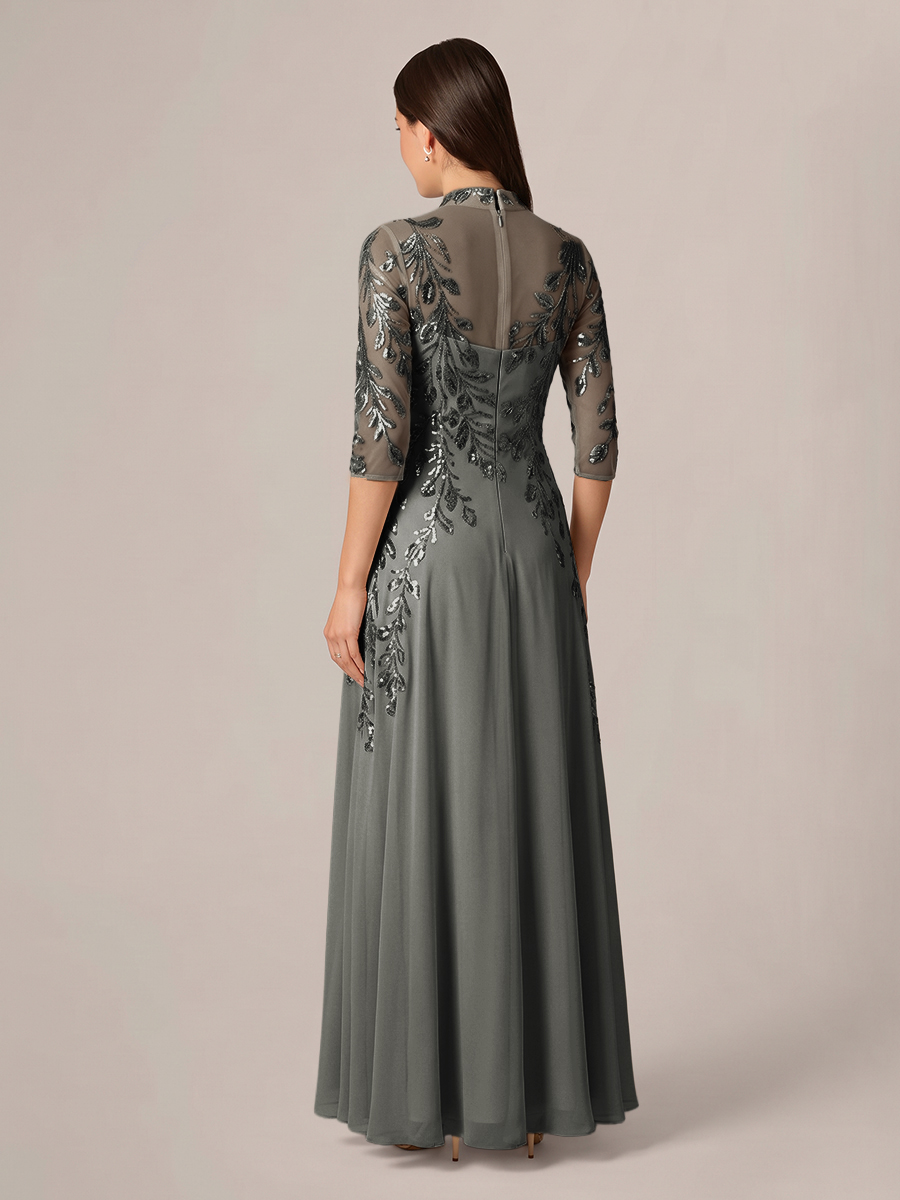 A-line High Neck 3/4 Sleeves Appliques Lace Floor-Length Chiffon Corset Mother of the Bride Dress