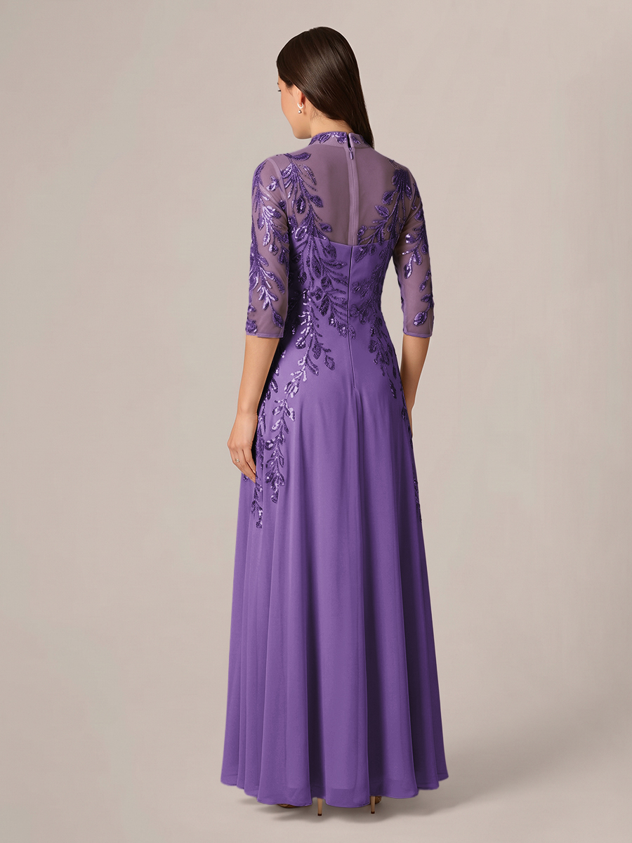 A-line High Neck 3/4 Sleeves Appliques Lace Floor-Length Chiffon Corset Mother of the Bride Dress