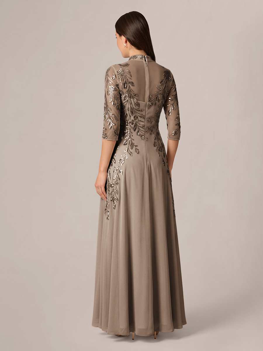 A-line High Neck 3/4 Sleeves Appliques Lace Floor-Length Chiffon Corset Mother of the Bride Dress