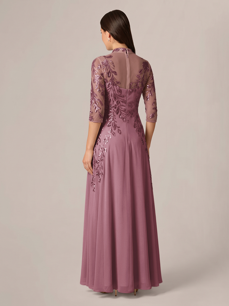 A-line High Neck 3/4 Sleeves Appliques Lace Floor-Length Chiffon Corset Mother of the Bride Dress