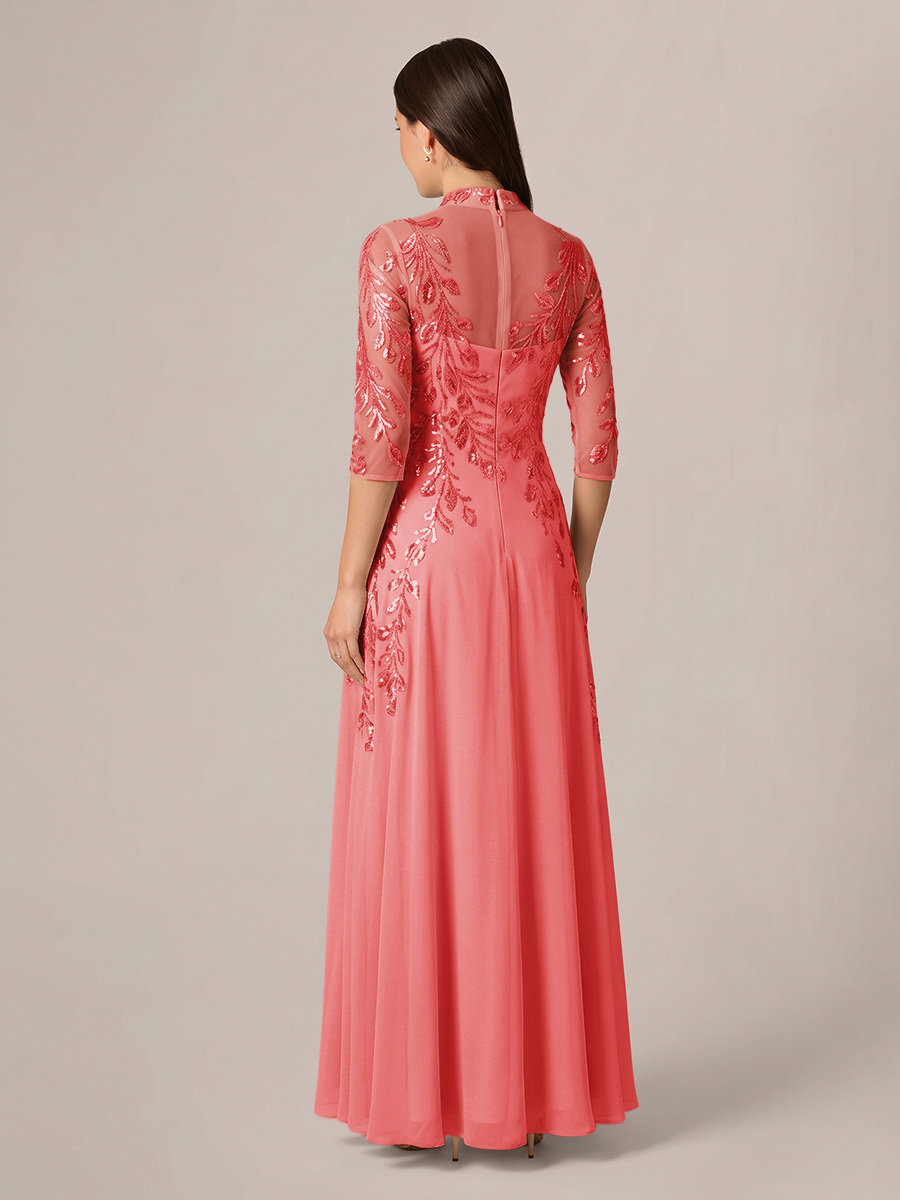 A-line High Neck 3/4 Sleeves Appliques Lace Floor-Length Chiffon Corset Mother of the Bride Dress