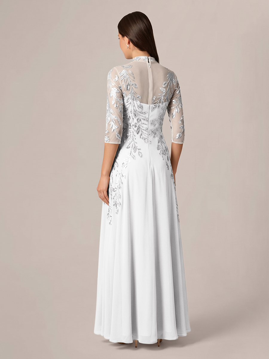 A-line High Neck 3/4 Sleeves Appliques Lace Floor-Length Chiffon Corset Mother of the Bride Dress
