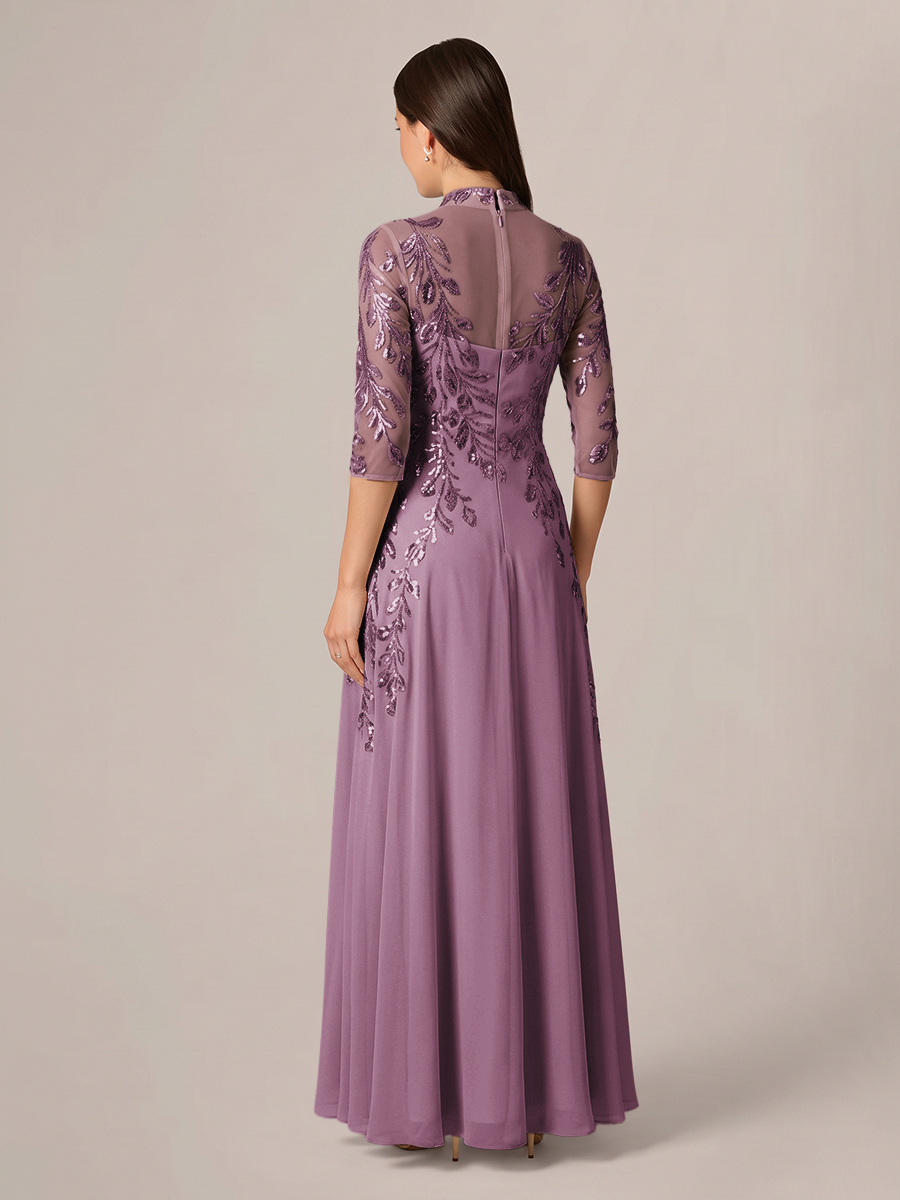 A-line High Neck 3/4 Sleeves Appliques Lace Floor-Length Chiffon Corset Mother of the Bride Dress