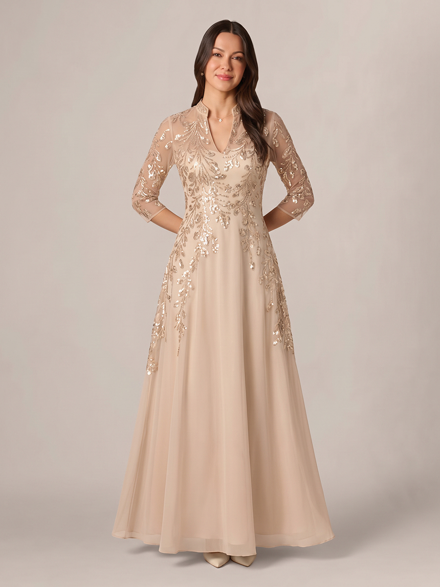 A-line High Neck 3/4 Sleeves Appliques Lace Floor-Length Chiffon Corset Mother of the Bride Dress