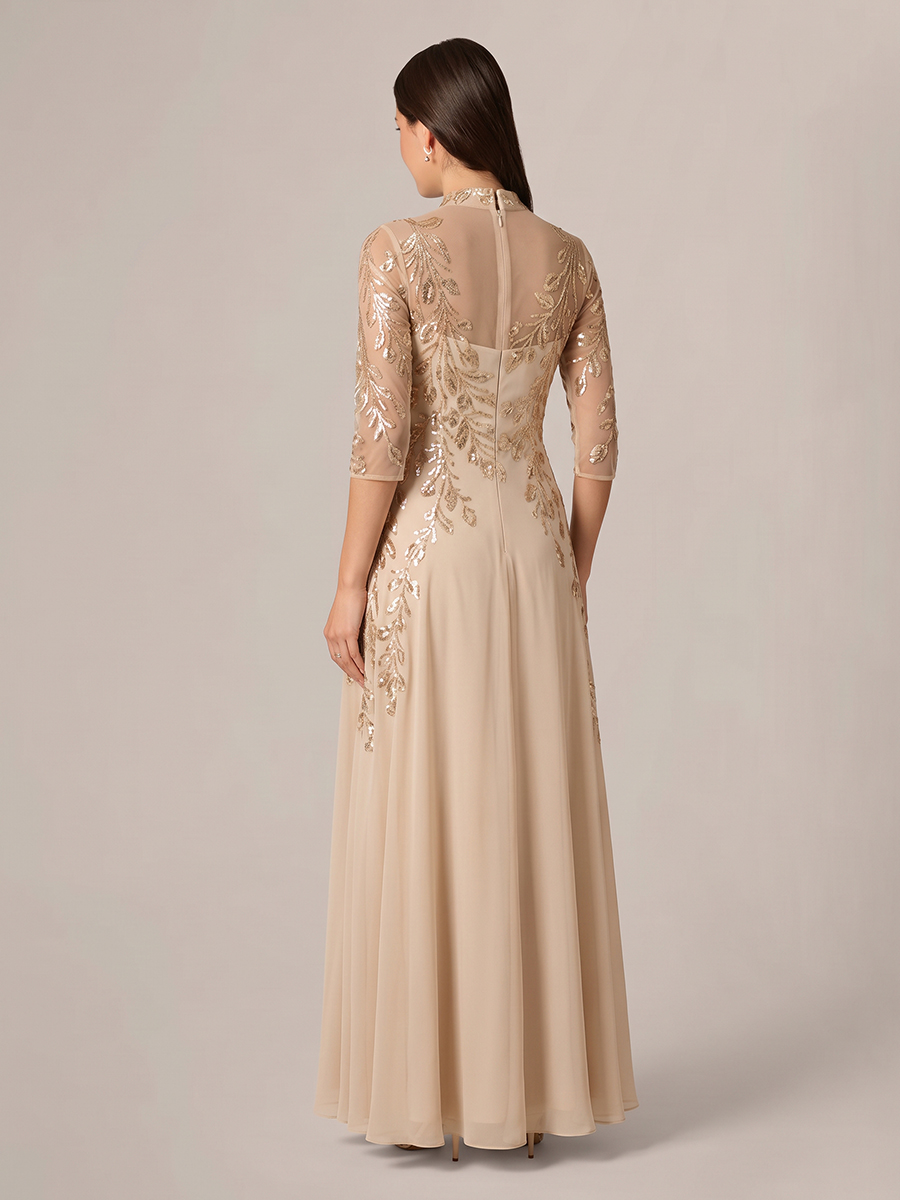 A-line High Neck 3/4 Sleeves Appliques Lace Floor-Length Chiffon Corset Mother of the Bride Dress