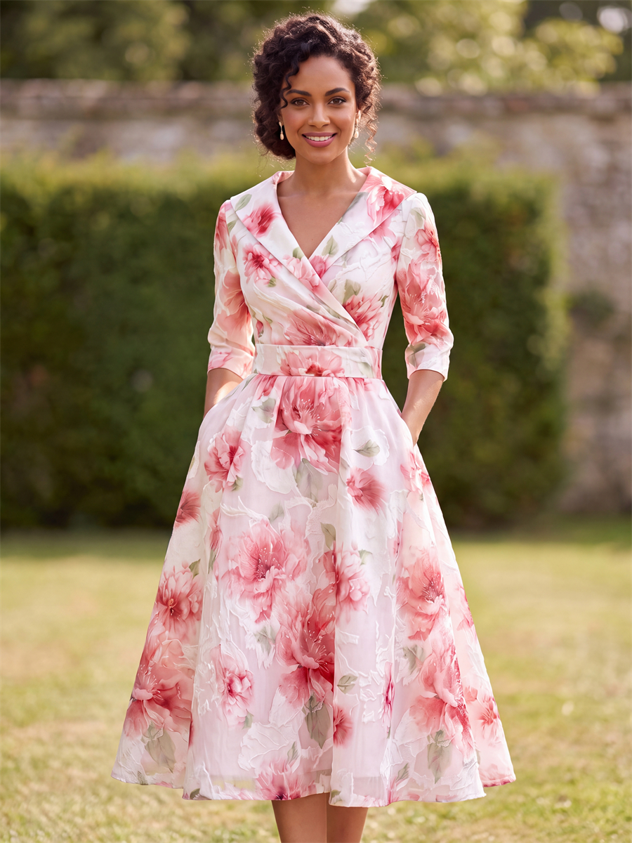 A-line V-neck 3/4 Sleeves Pleated Tea-Length Corset Mother of the Bride Dress