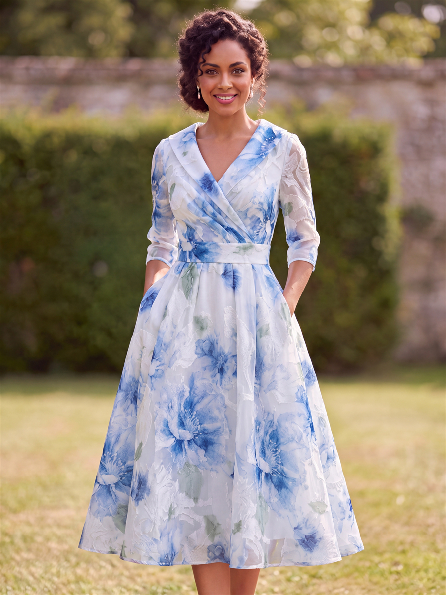 A-line V-neck 3/4 Sleeves Pleated Tea-Length Corset Mother of the Bride Dress