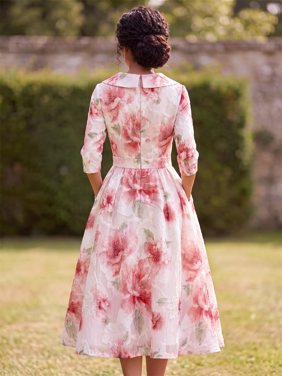 A-line V-neck 3/4 Sleeves Pleated Tea-Length Corset Mother of the Bride Dress