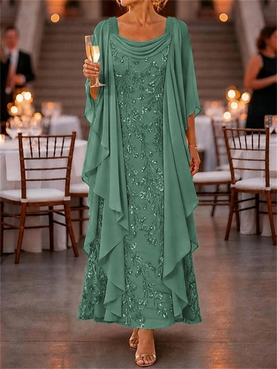 A-line Scoop 3/4 Sleeves Appliques Lace Floor-Length Chiffon Corset Mother of the Bride Dress