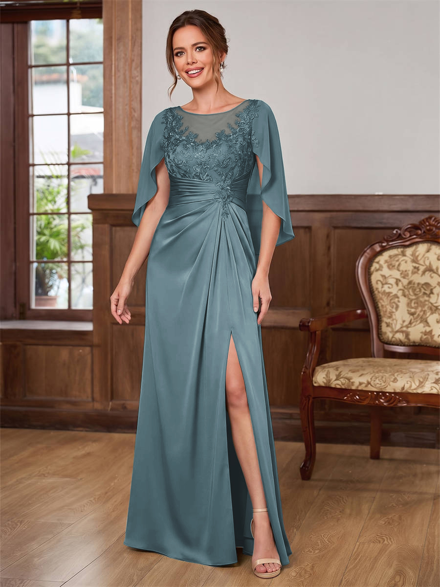 A-line Scoop Cap Sleeves Appliques Lace Floor-Length Satin Chiffon Corset Mother of the Bride Dress