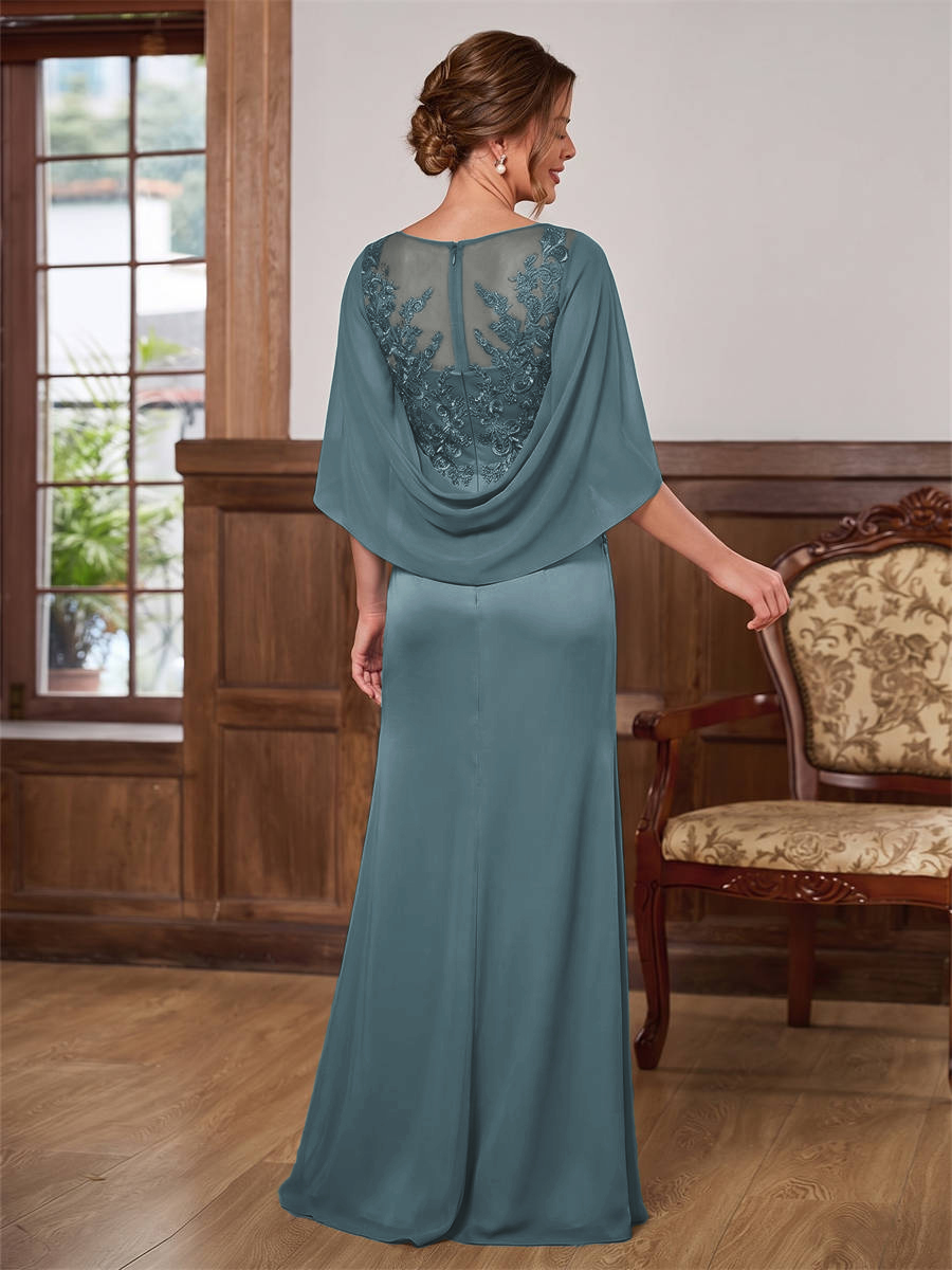 A-line Scoop Cap Sleeves Appliques Lace Floor-Length Satin Chiffon Corset Mother of the Bride Dress