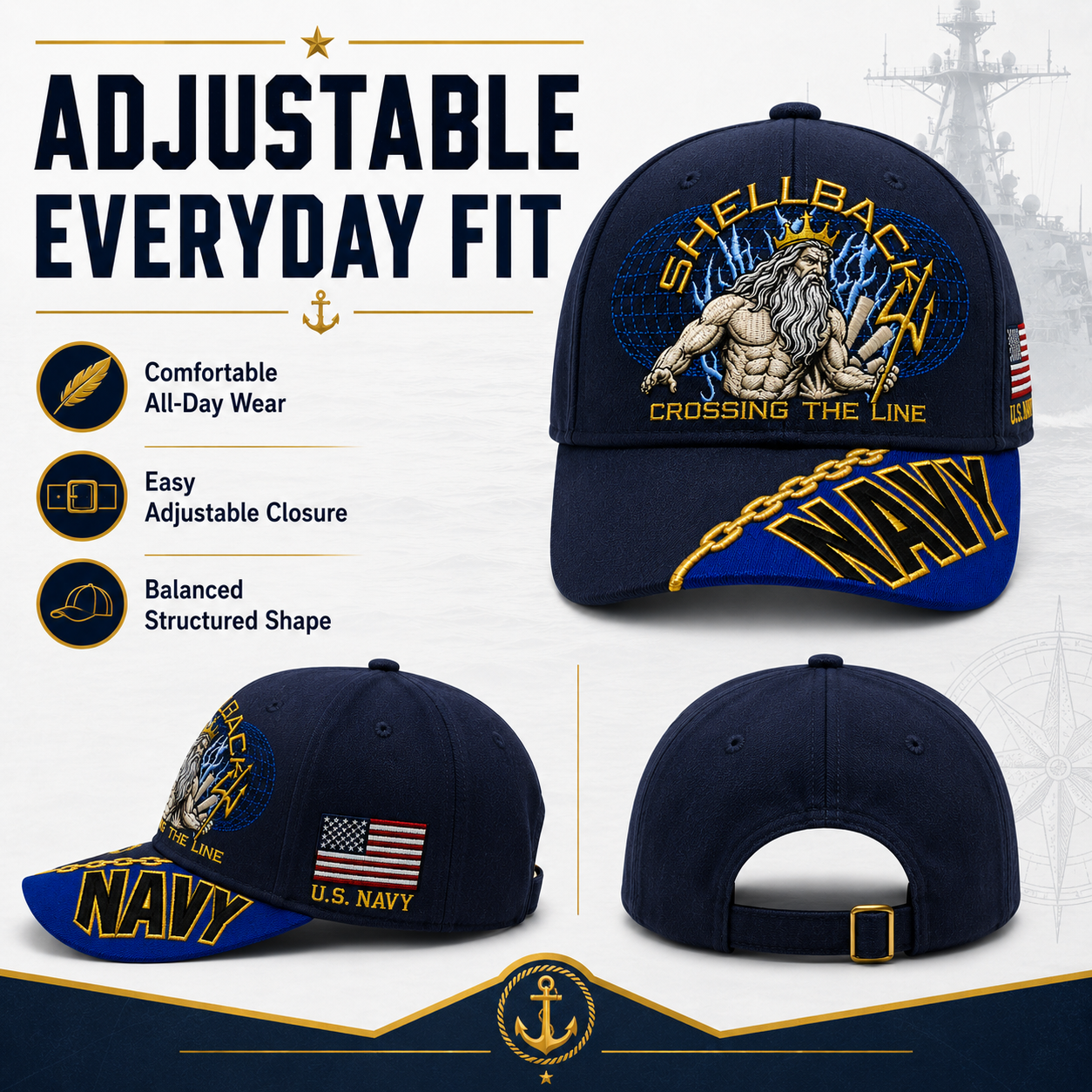 🔥SHELLBACK “Crossing The Line” Navy Embroidered Cap 🇺🇸