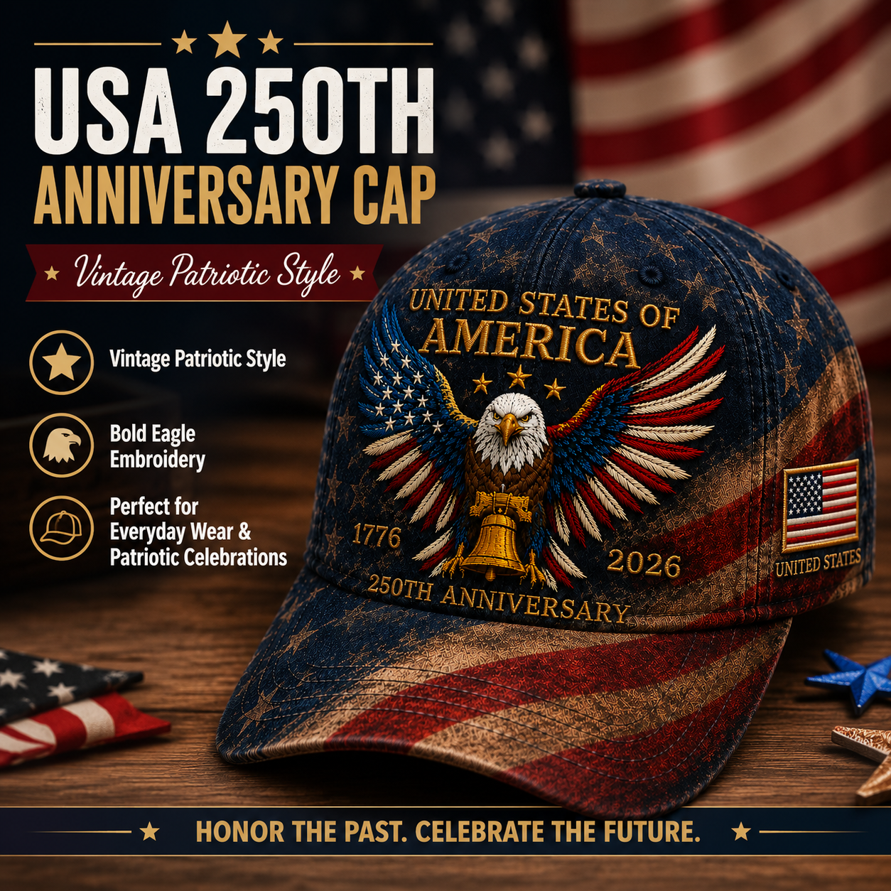 USA 250th Anniversary Patriotic Eagle Embroidered Cap