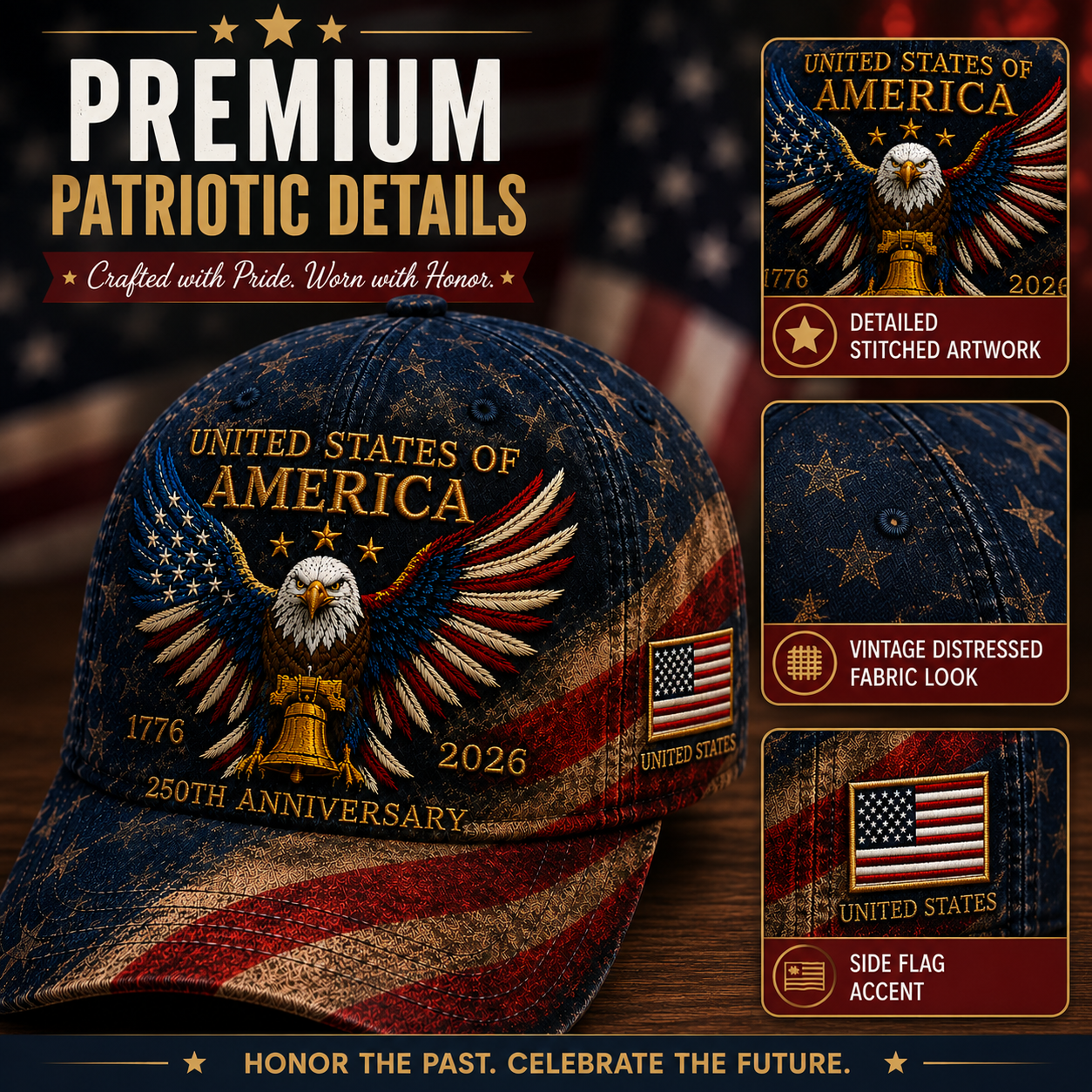 USA 250th Anniversary Patriotic Eagle Embroidered Cap