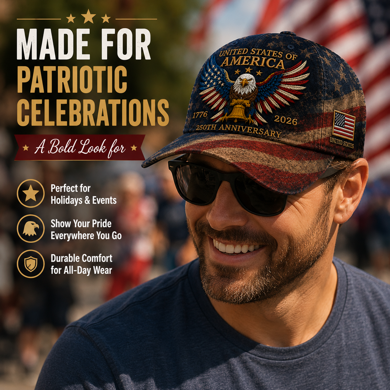 USA 250th Anniversary Patriotic Eagle Embroidered Cap