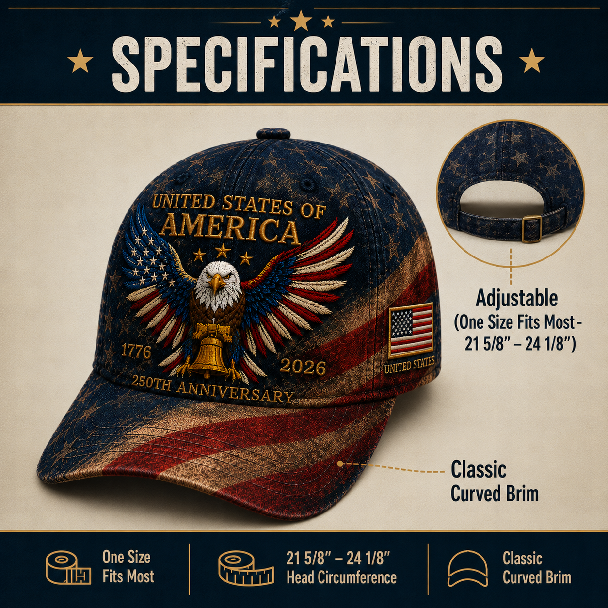 USA 250th Anniversary Patriotic Eagle Embroidered Cap