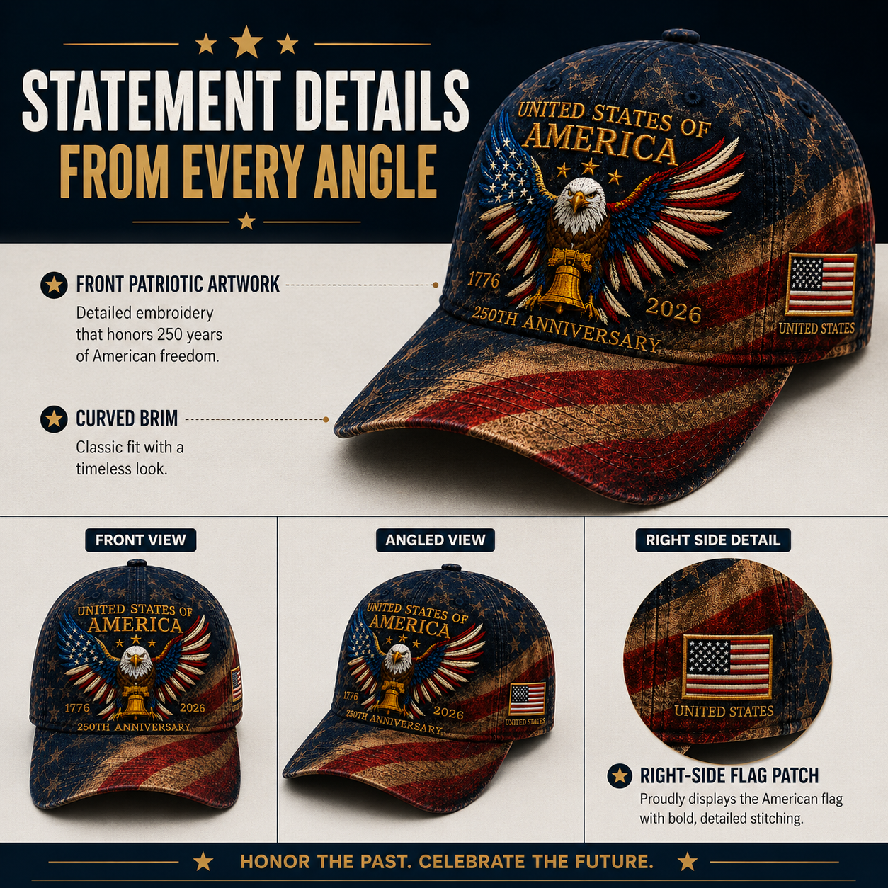 USA 250th Anniversary Patriotic Eagle Embroidered Cap