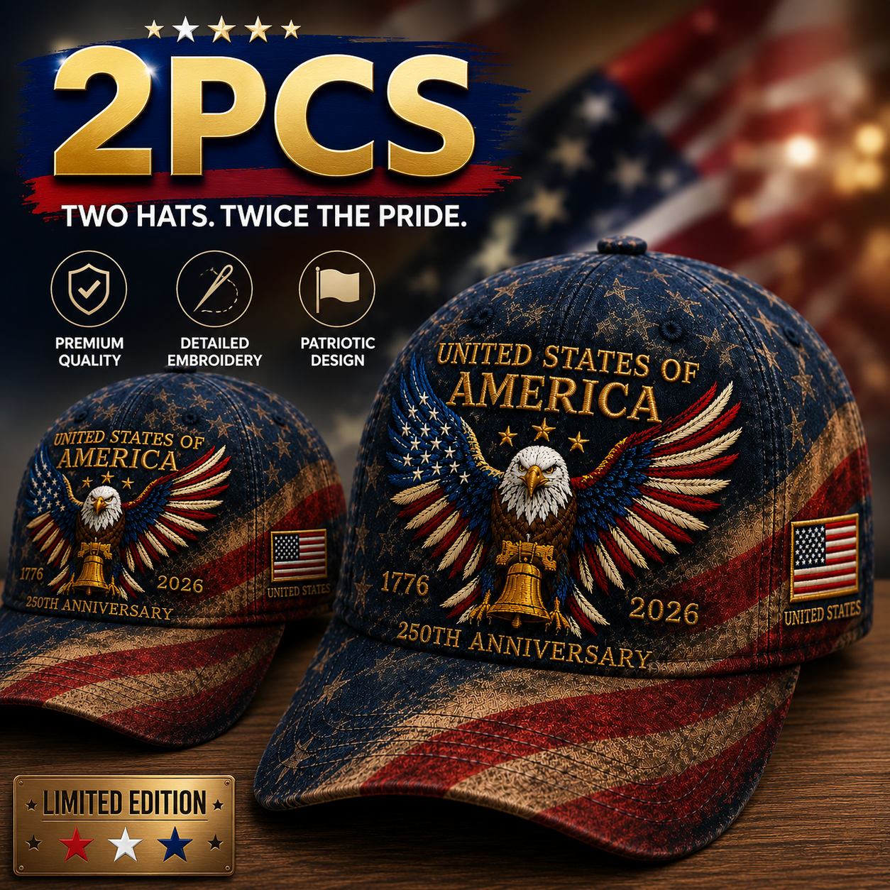 USA 250th Anniversary Patriotic Eagle Embroidered Cap