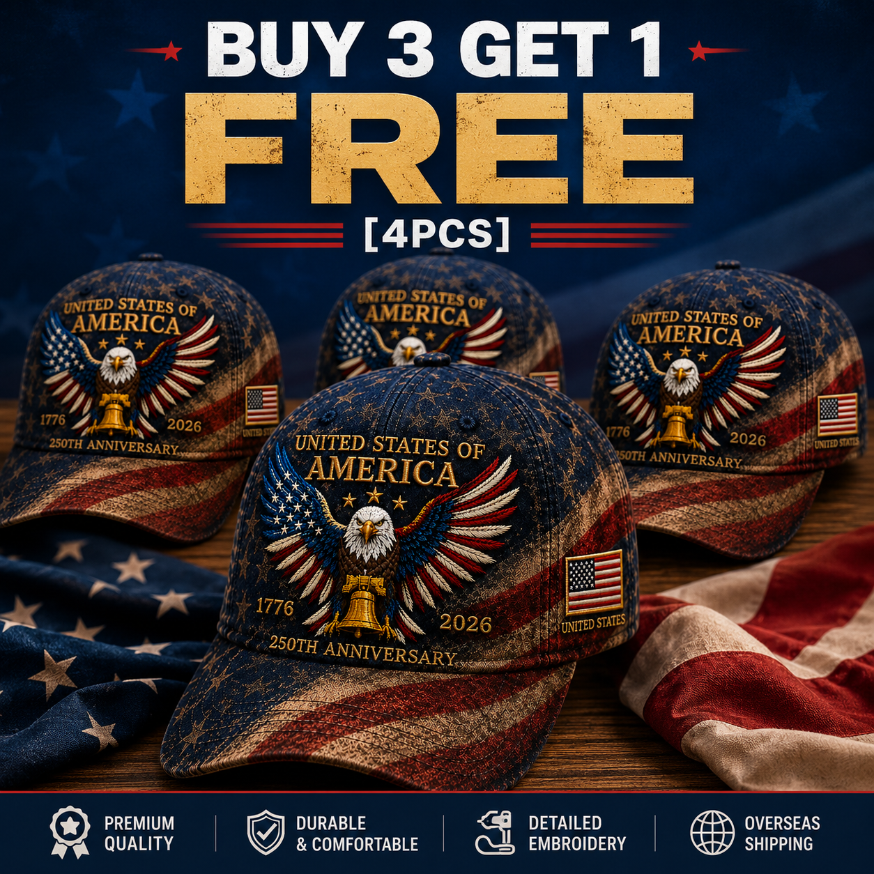 USA 250th Anniversary Patriotic Eagle Embroidered Cap