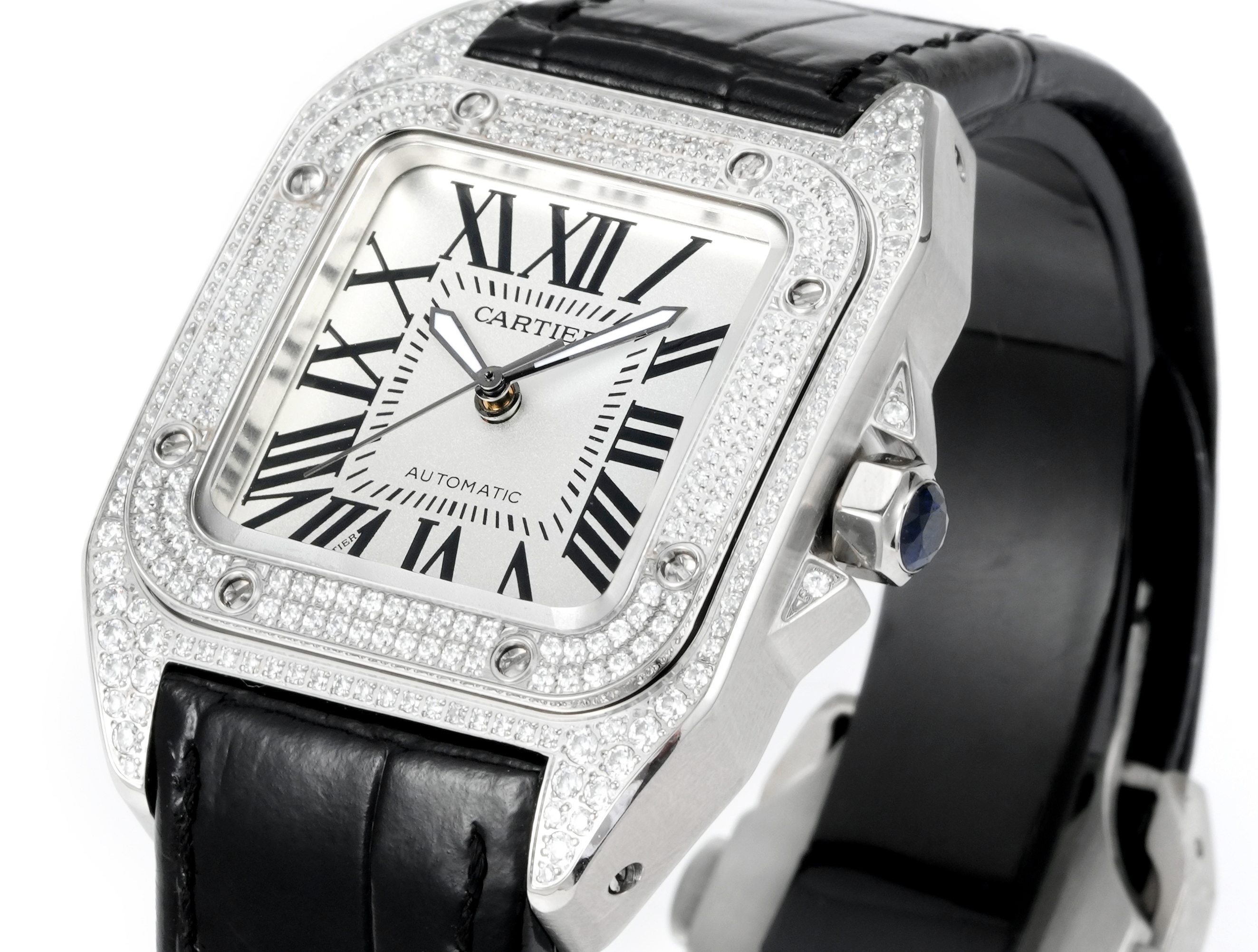 Cartier Santos 100th Anniversary Ladies Watch, Full Paved Diamond Bezel, 35.6mm