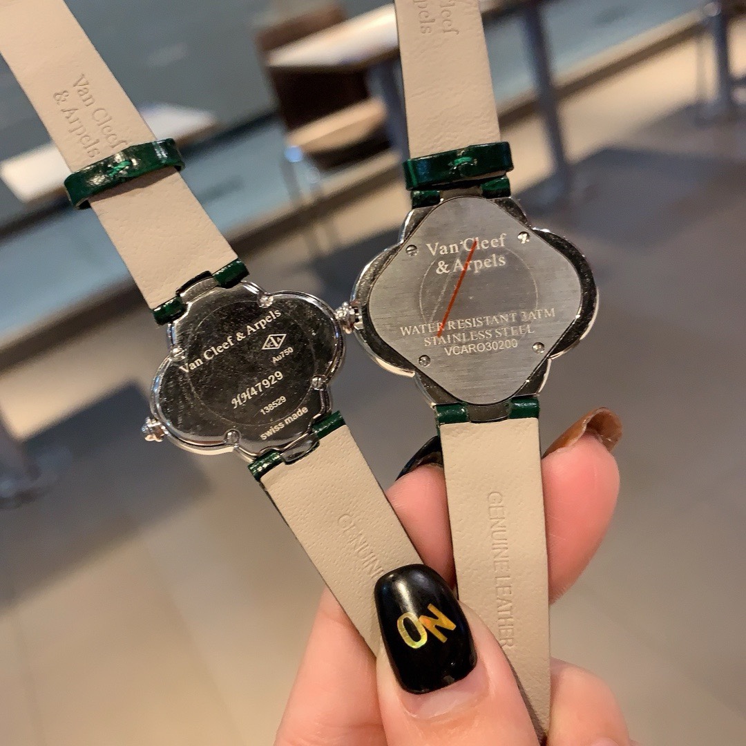 Van Cleef & Arpels Four Leaf Clover Women Watch, Mother Of Pearl Dial Leather Band Fashion Watch