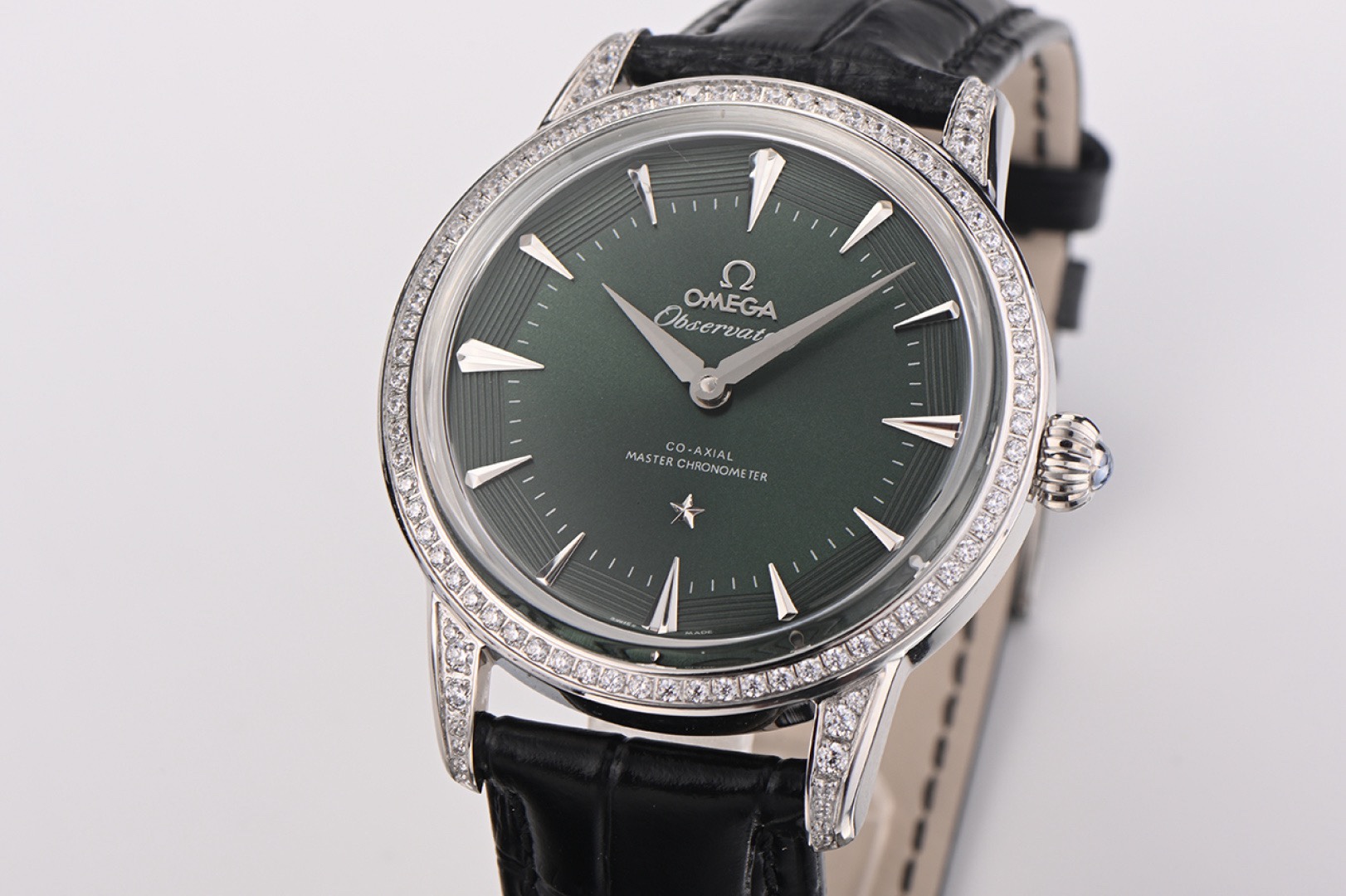 OMEGA Observatory Co‑Axial Master Chronometer Watch | Diamond Bezel, Genuine Leather Strap