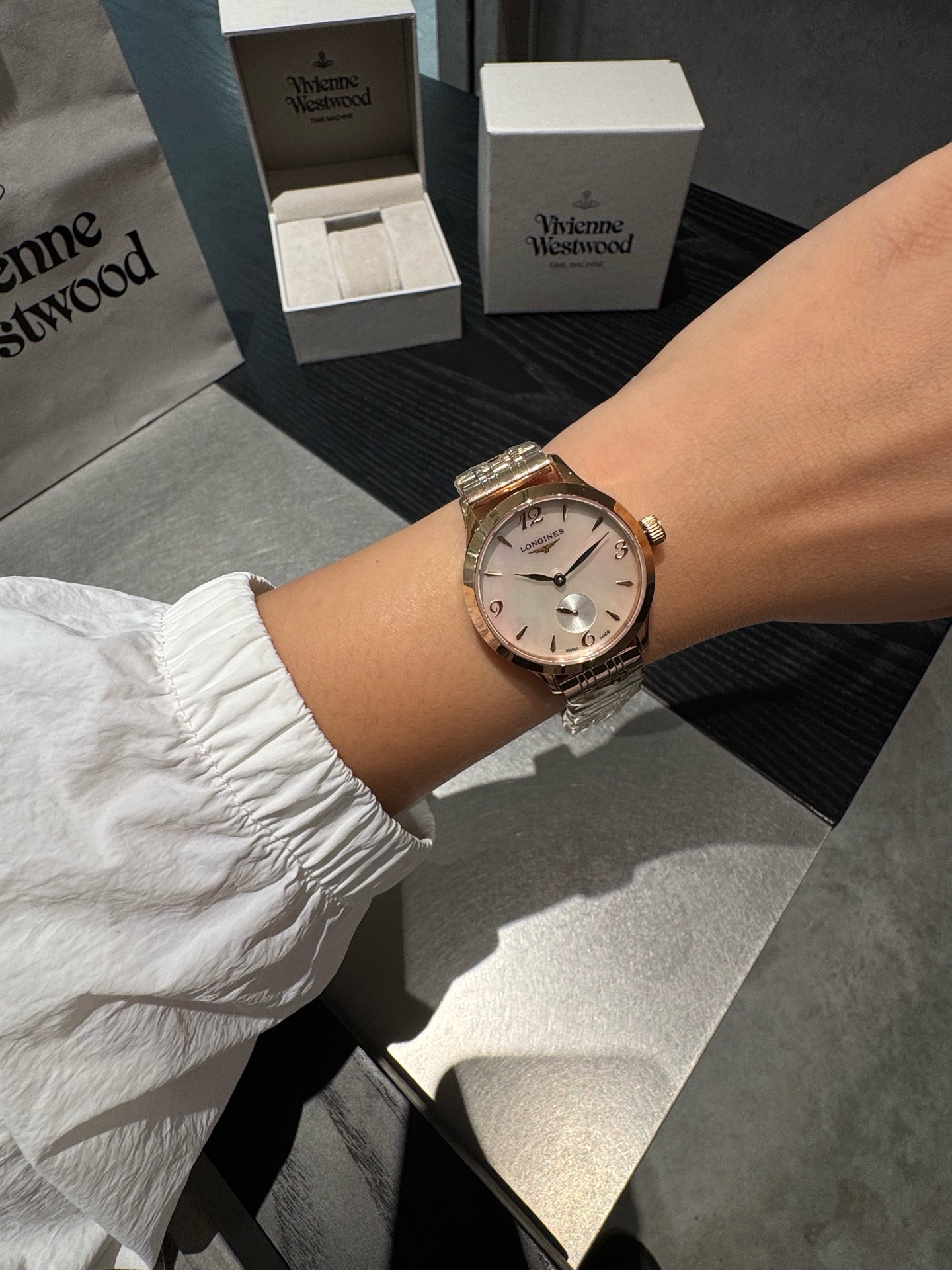 Longines 32mm Women Watch, Crystal Inlaid Dial Sapphire Glass Leather Band Dress Watch

