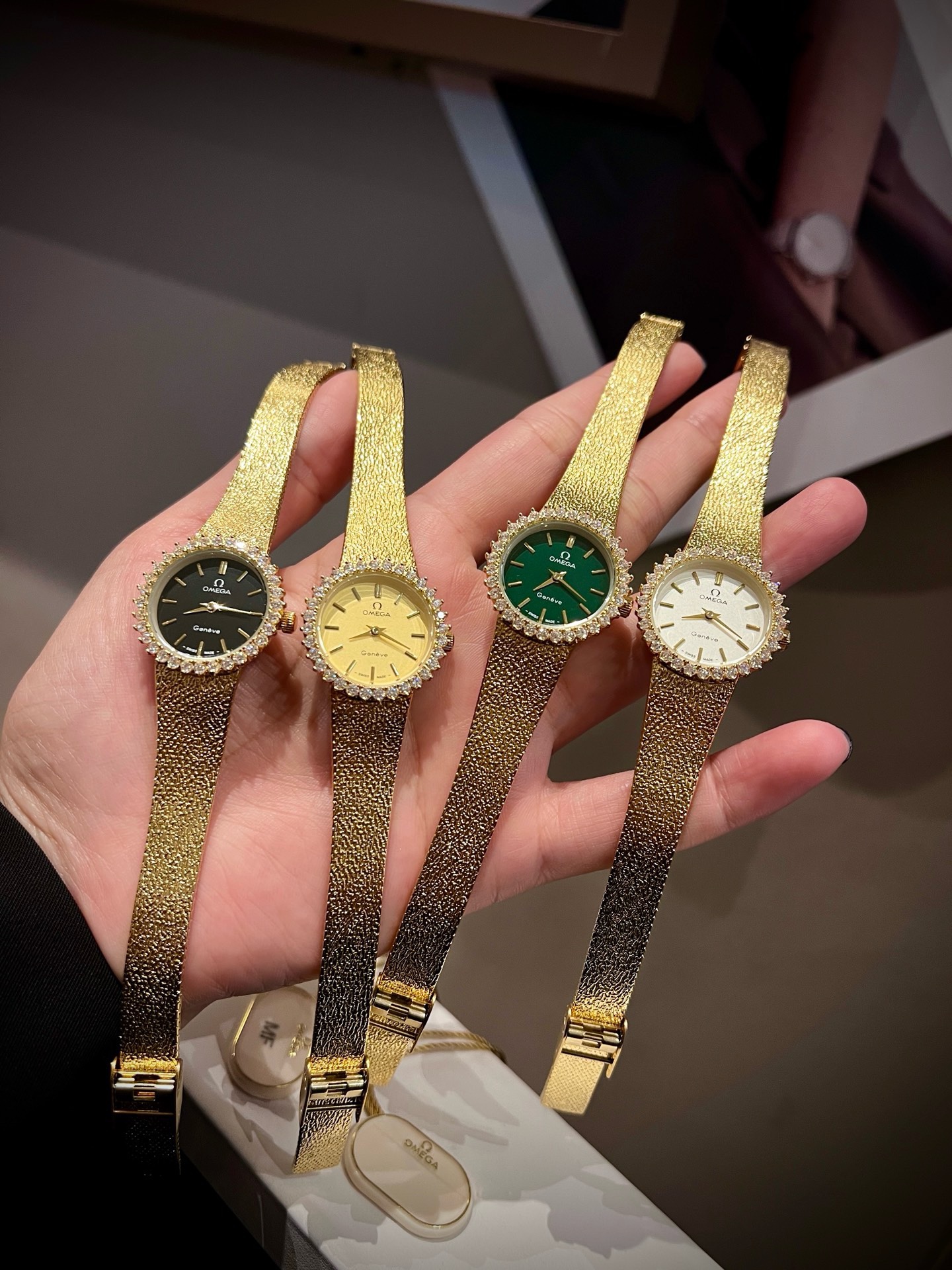 OMEGA Vintage Gold Tone Women Watch 26mm, Diamond Bezel Woven Band Jewelry Watch