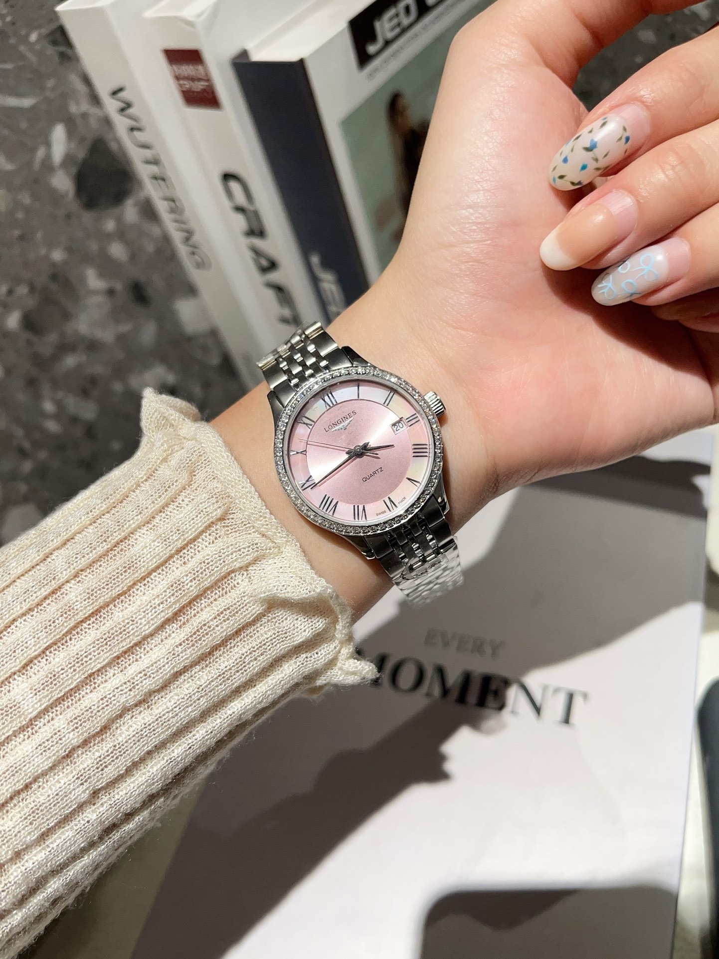 Longines 32mm Women Watch, Crystal Bezel Sapphire Glass Steel Band Dress Watch