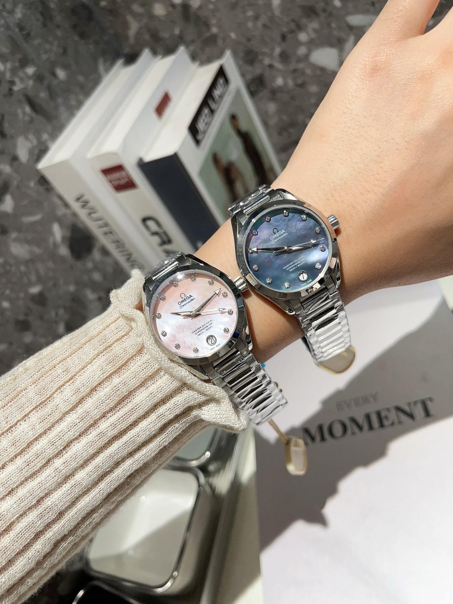 Omega Seamaster Ladies Watch 34mm Quartz MOP Mother Of Pearl Dial Diamond Markers Stainless Steel Women Wristwatch