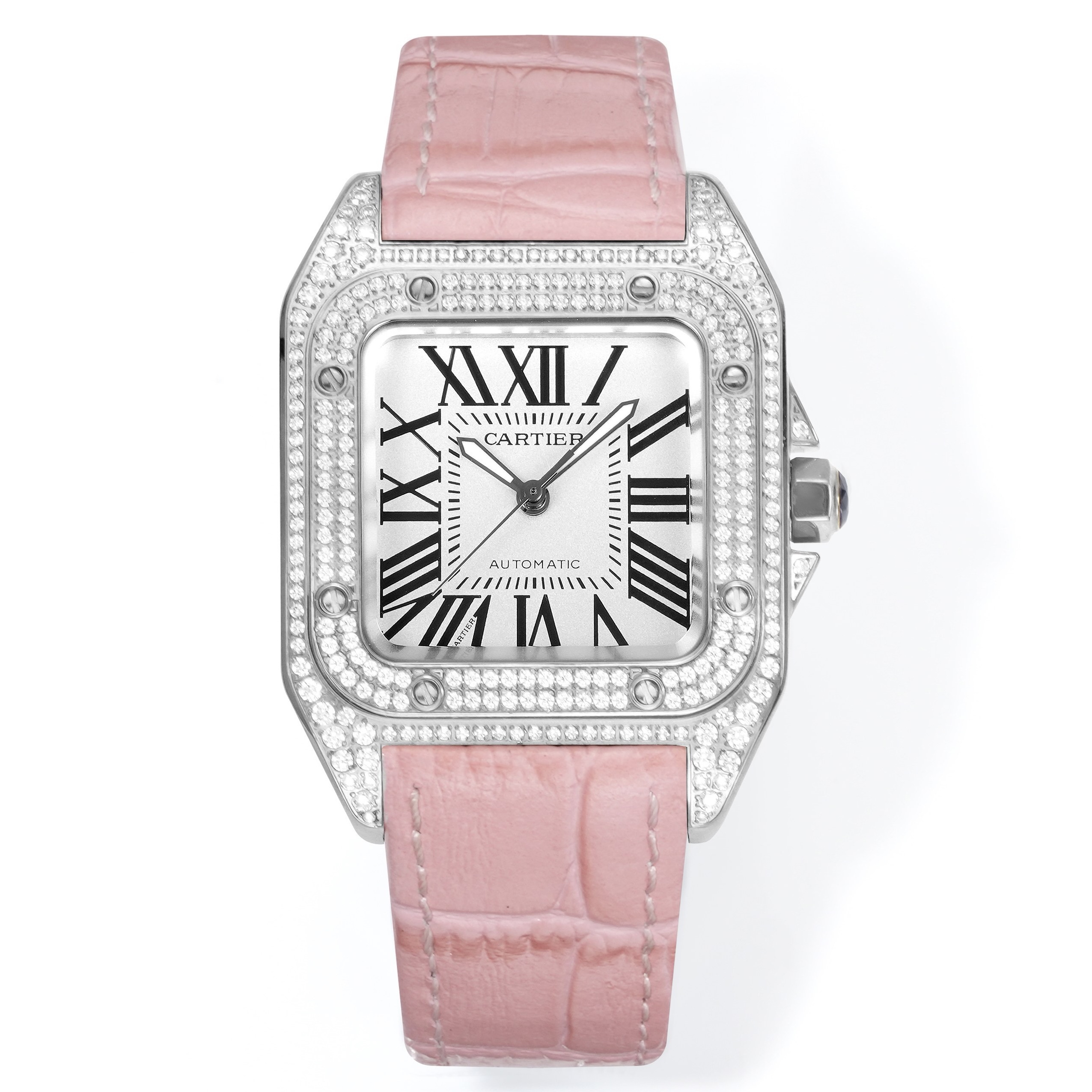 Cartier Santos 100th Anniversary Ladies Watch, Full Paved Diamond Bezel, 35.6mm