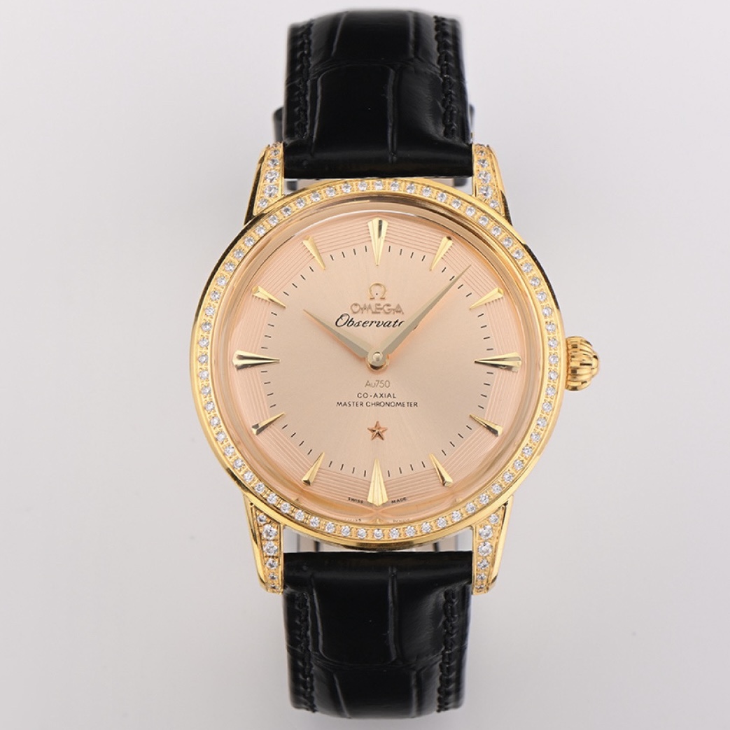 OMEGA Observatory Co‑Axial Master Chronometer Watch | Diamond Bezel, Genuine Leather Strap