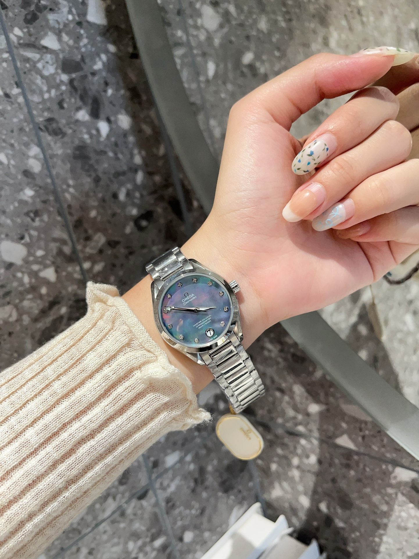 Omega Seamaster Ladies Watch 34mm Quartz MOP Mother Of Pearl Dial Diamond Markers Stainless Steel Women Wristwatch