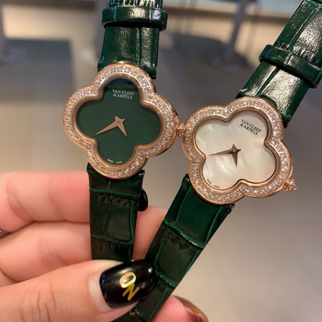 Van Cleef & Arpels Four Leaf Clover Women Watch, Mother Of Pearl Dial Leather Band Fashion Watch