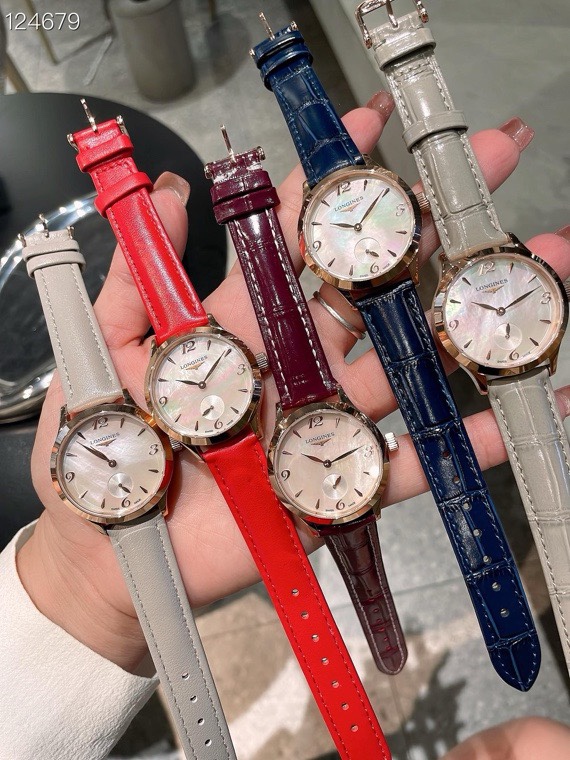 Longines 32mm Women Watch, Crystal Inlaid Dial Sapphire Glass Leather Band Dress Watch

