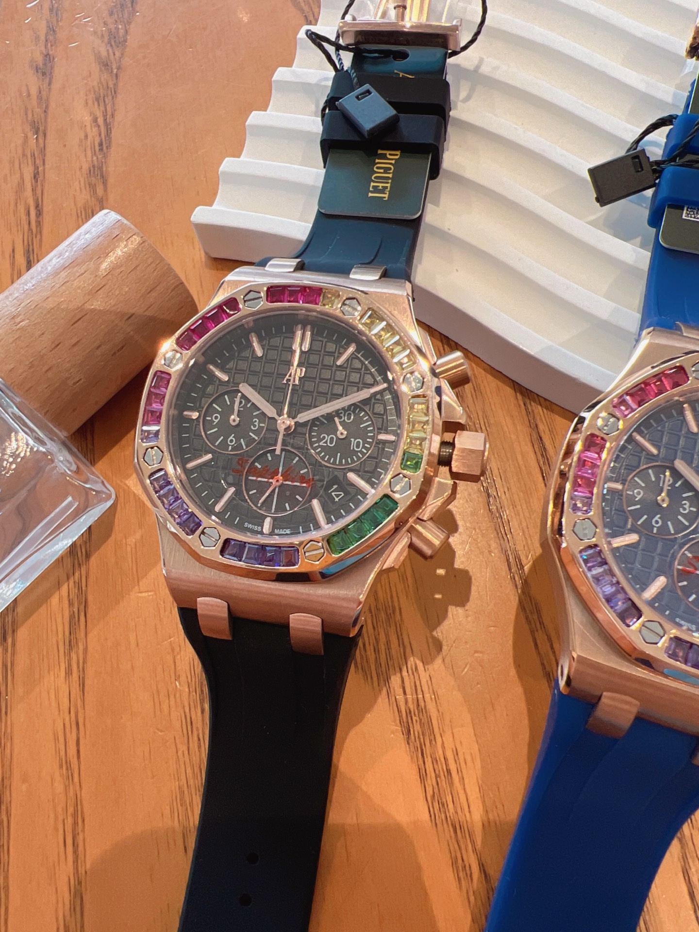 Audemars Piguet Royal Oak Offshore Ladies Watch 37mm, Rainbow Gemstone Bezel Rubber Strap Wristwatch
