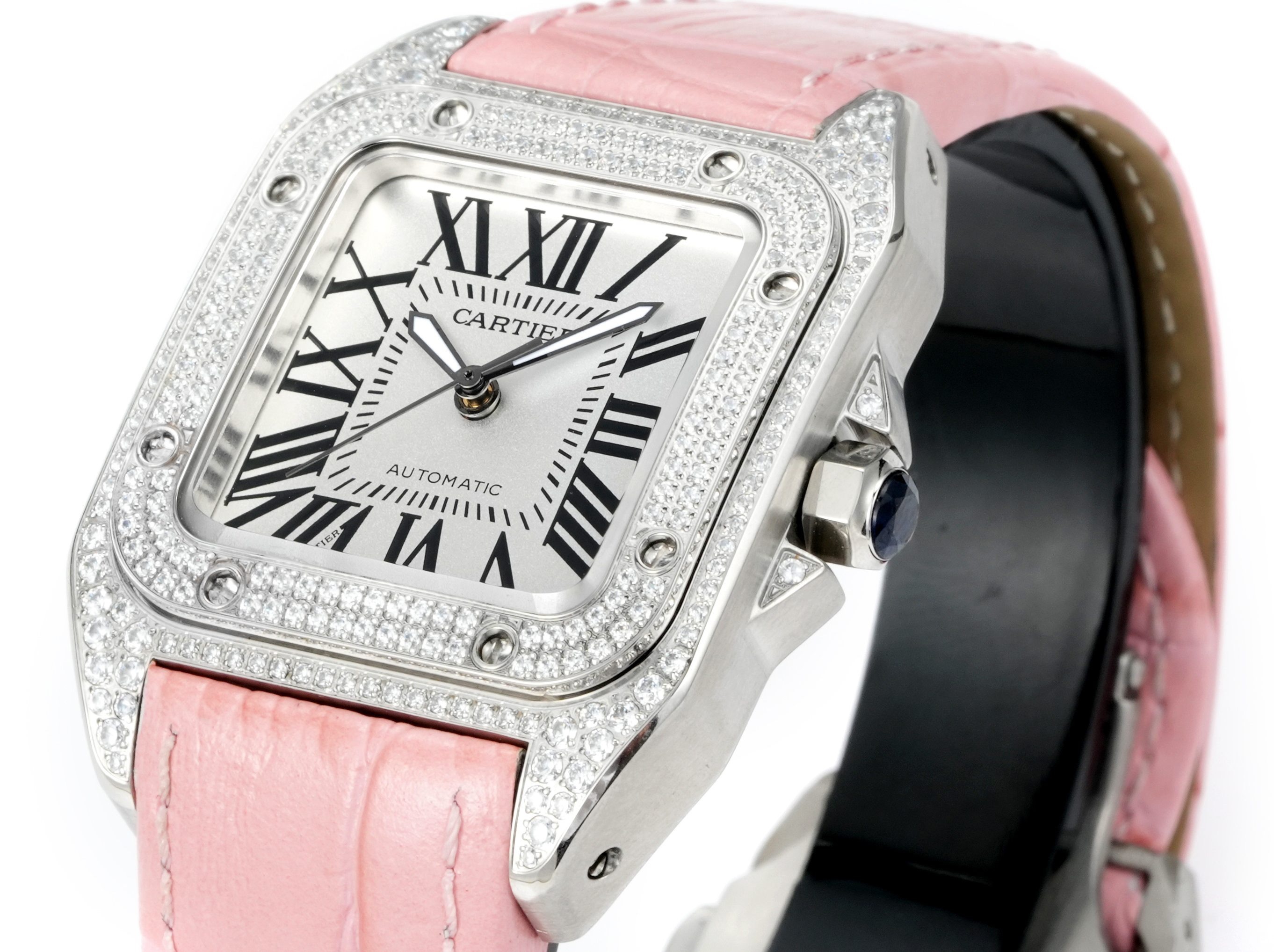 Cartier Santos 100th Anniversary Ladies Watch, Full Paved Diamond Bezel, 35.6mm