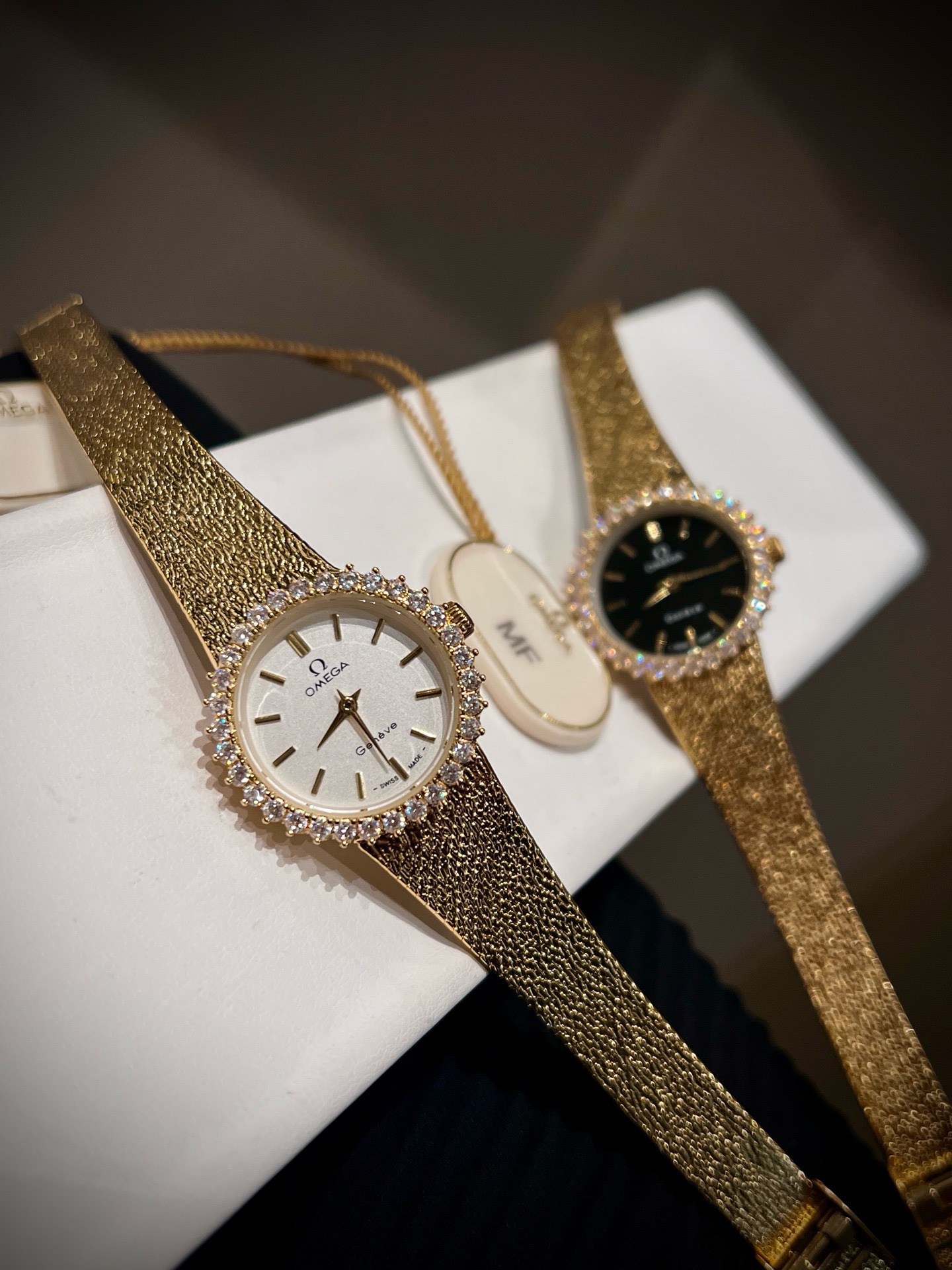 OMEGA Vintage Gold Tone Women Watch 26mm, Diamond Bezel Woven Band Jewelry Watch