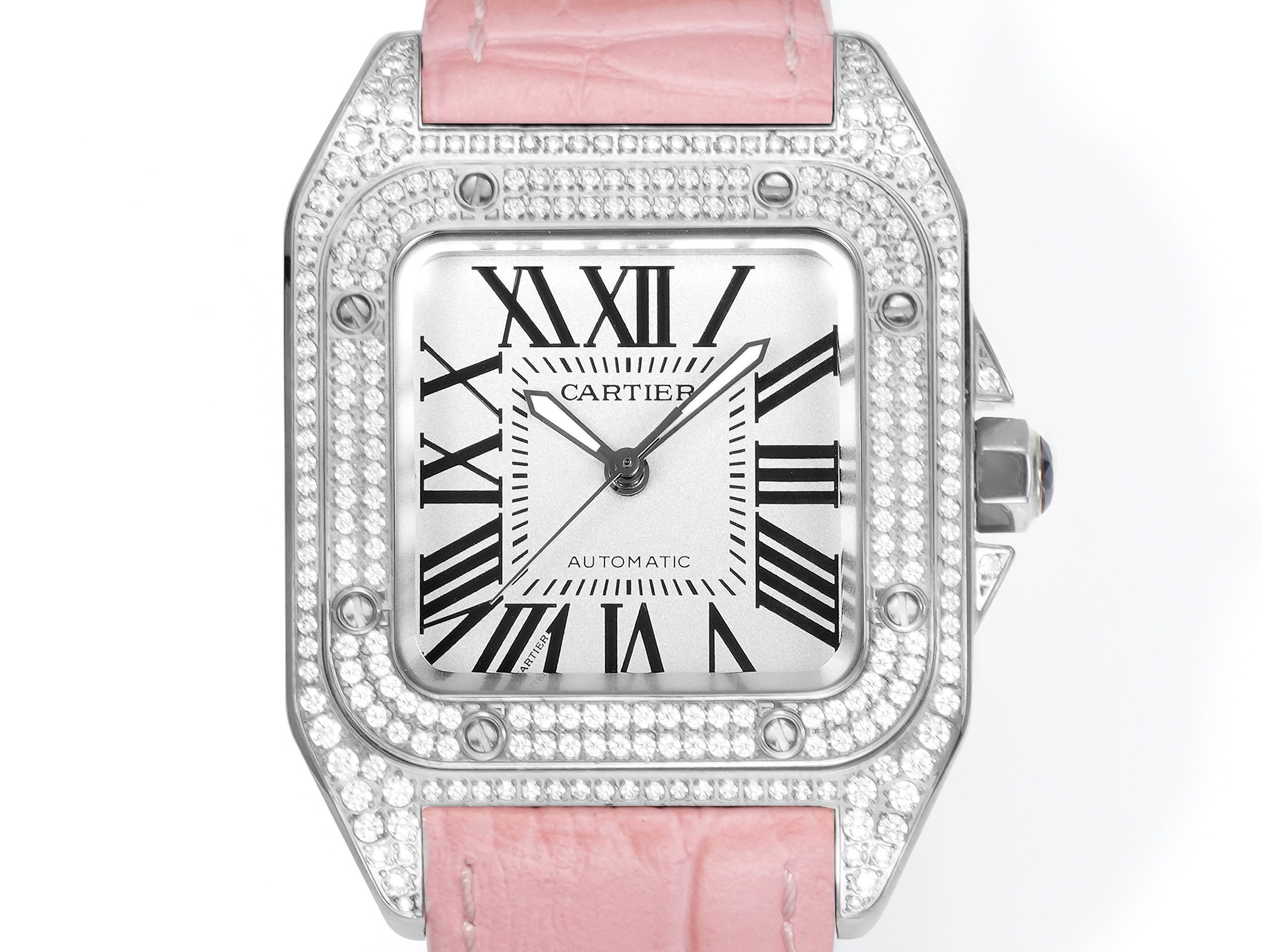 Cartier Santos 100th Anniversary Ladies Watch, Full Paved Diamond Bezel, 35.6mm