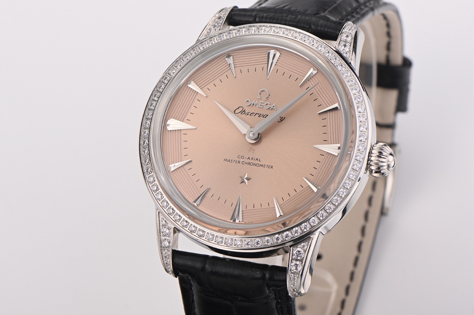 OMEGA Observatory Co‑Axial Master Chronometer Watch | Diamond Bezel, Genuine Leather Strap