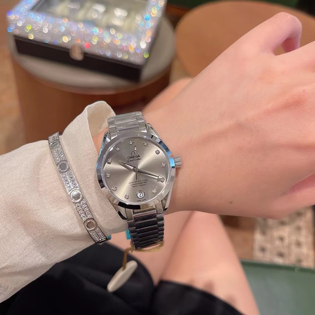 Omega Seamaster Ladies Watch 34mm Quartz Movement Diamond Dial Stainless Steel Women Wristwatch