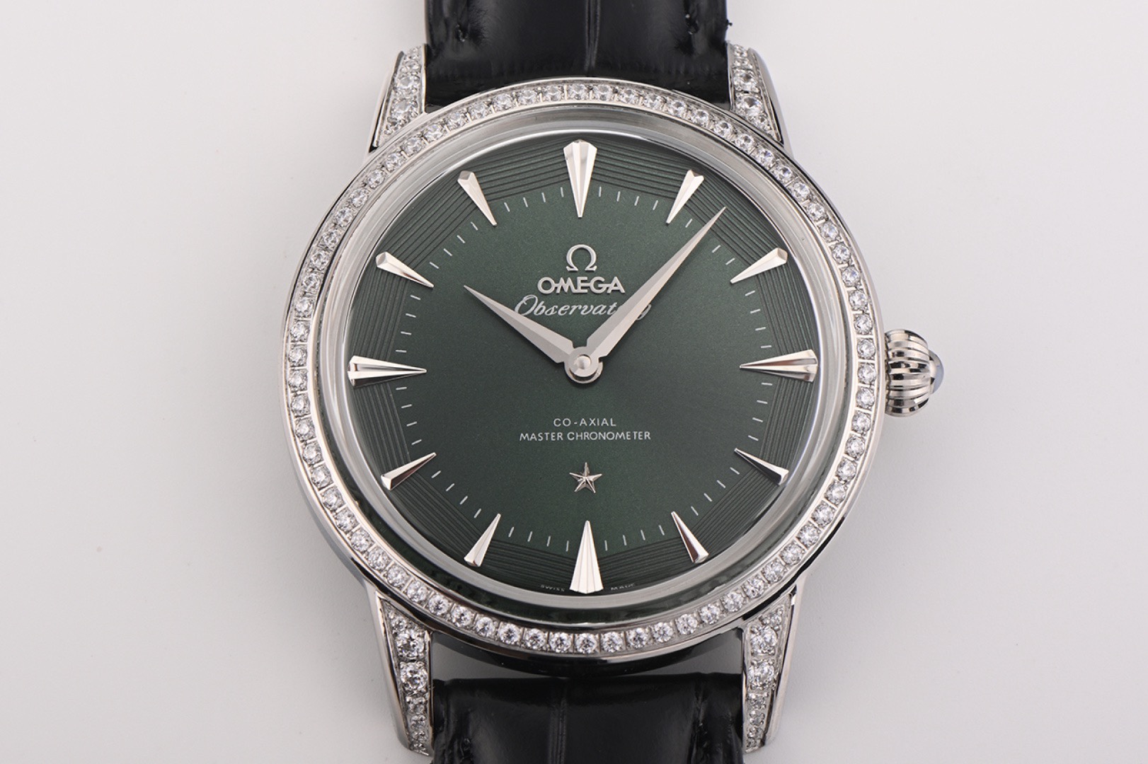 OMEGA Observatory Co‑Axial Master Chronometer Watch | Diamond Bezel, Genuine Leather Strap
