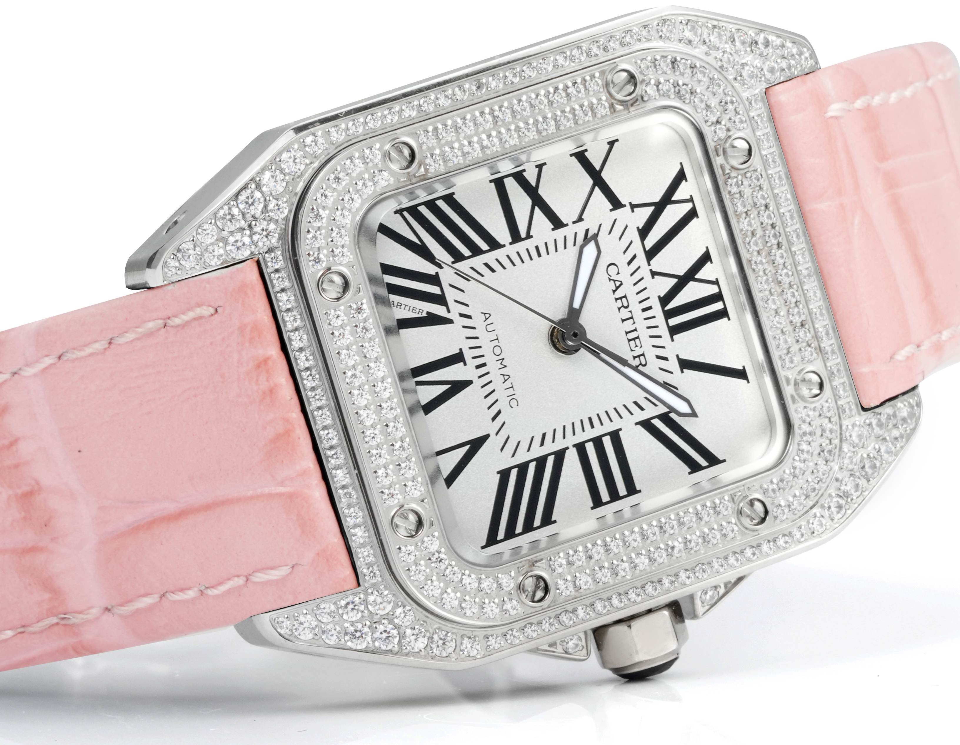 Cartier Santos 100th Anniversary Ladies Watch, Full Paved Diamond Bezel, 35.6mm